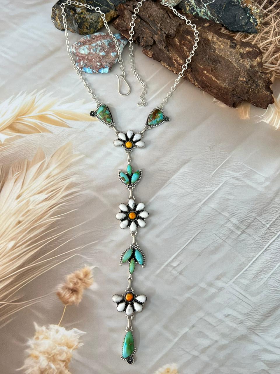 Handmade Sterling Silver Spring Collection: White Buffalo with Bumblebee & Sonoran Mountain Turquoise Necklace "Signed Nizhoni"