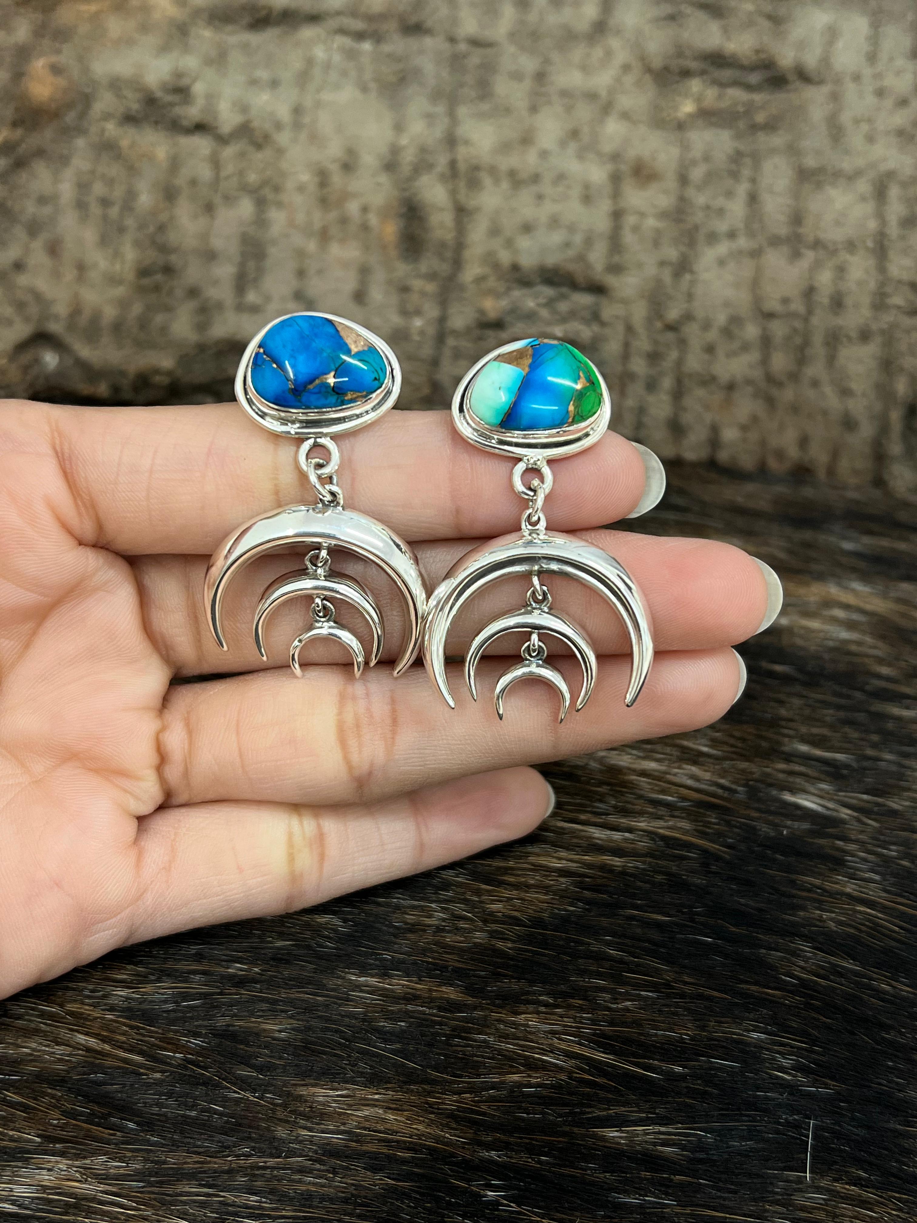Handmade Sterling Silver Peacock Dahlia, Cotton Candy, Dahlia Rose Moon Shape Earrings, Signed Nizhoni