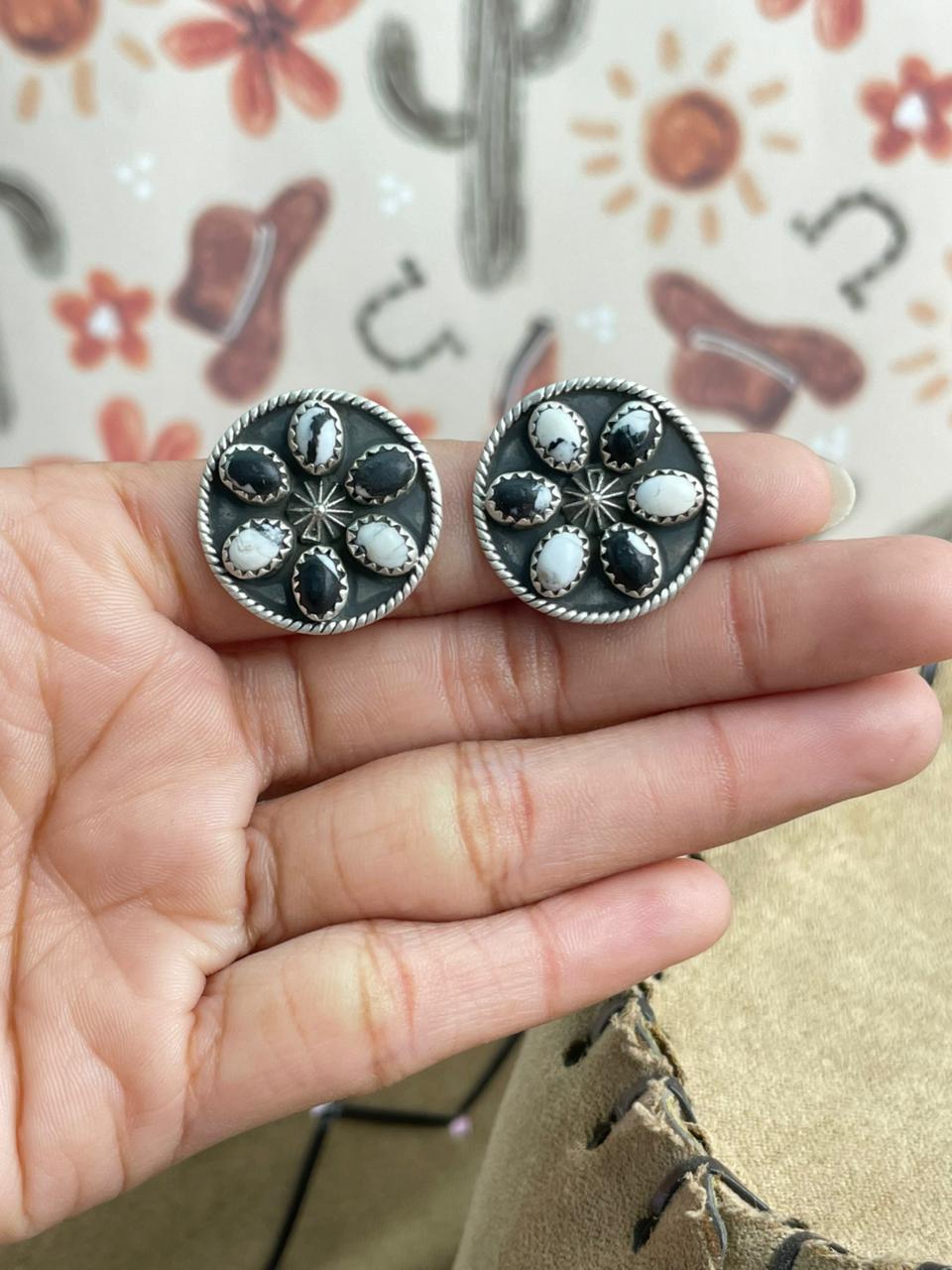 Handmade Sterling Silver White Buffalo Post Studs Earrings "Signed Nizhoni"