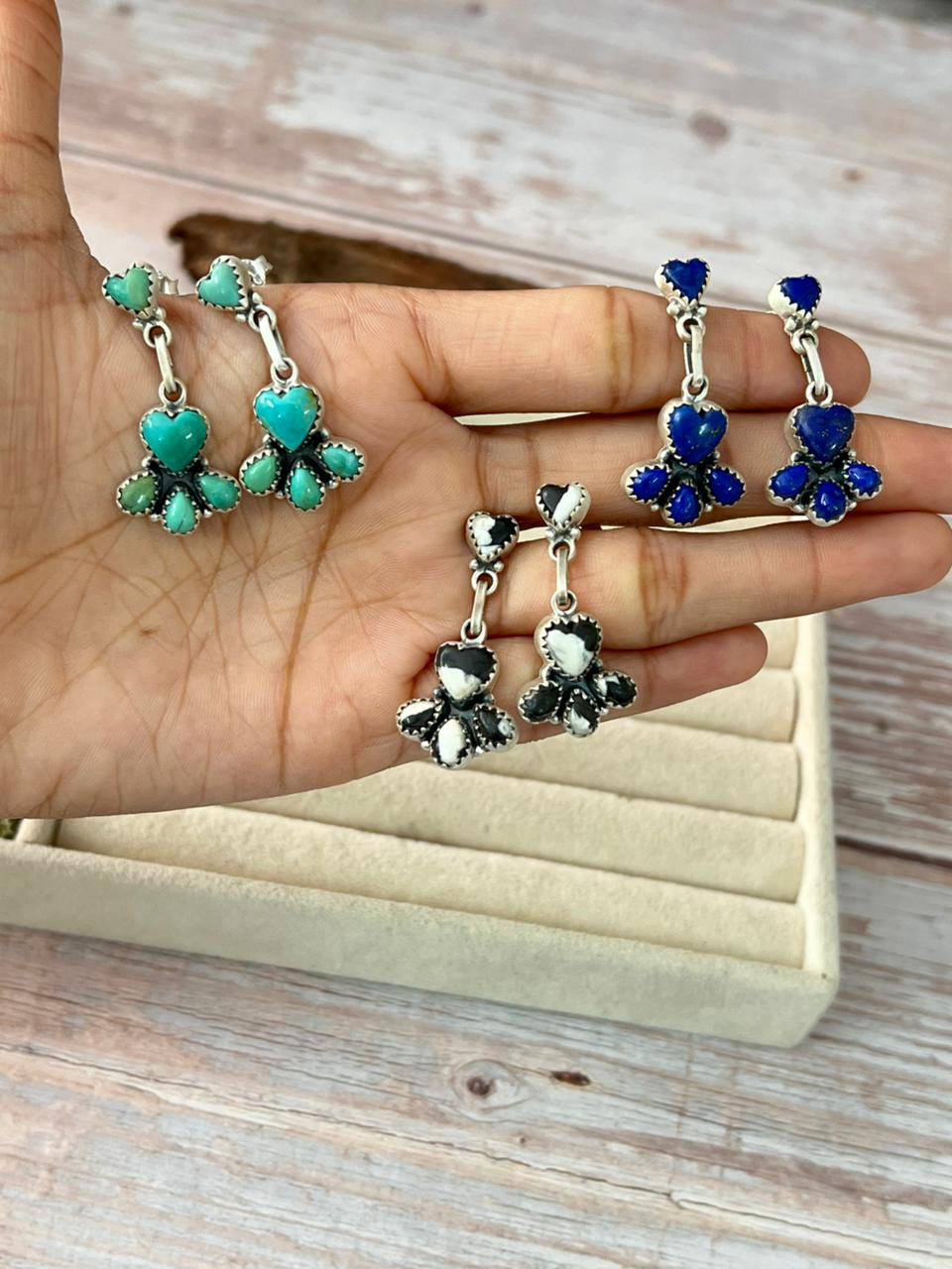 Handmade Sterling Silver Multi Stone Post Dangle Earrings with Signed Nizhoni