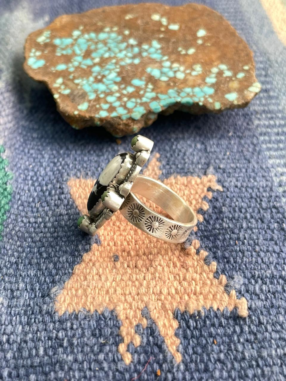 Handmade Sterling Silver White Buffalo with Kingman Turquoise Adjustable Ring "Signed Nizhoni"