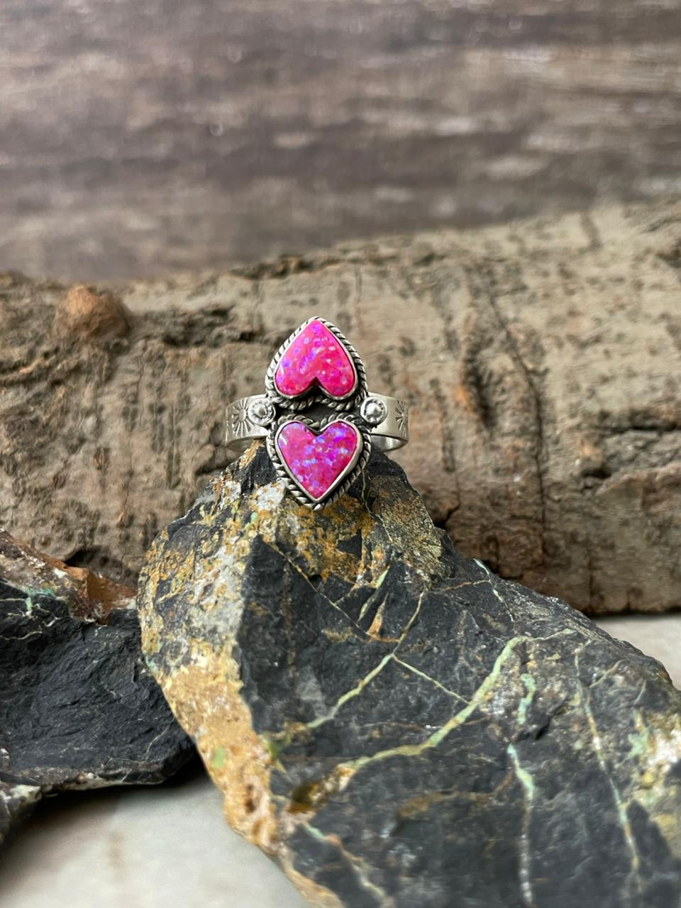 "Heart Collection" Handmade Sterling Silver Hot Pink Adjustable Ring "Signed Nizhoni"