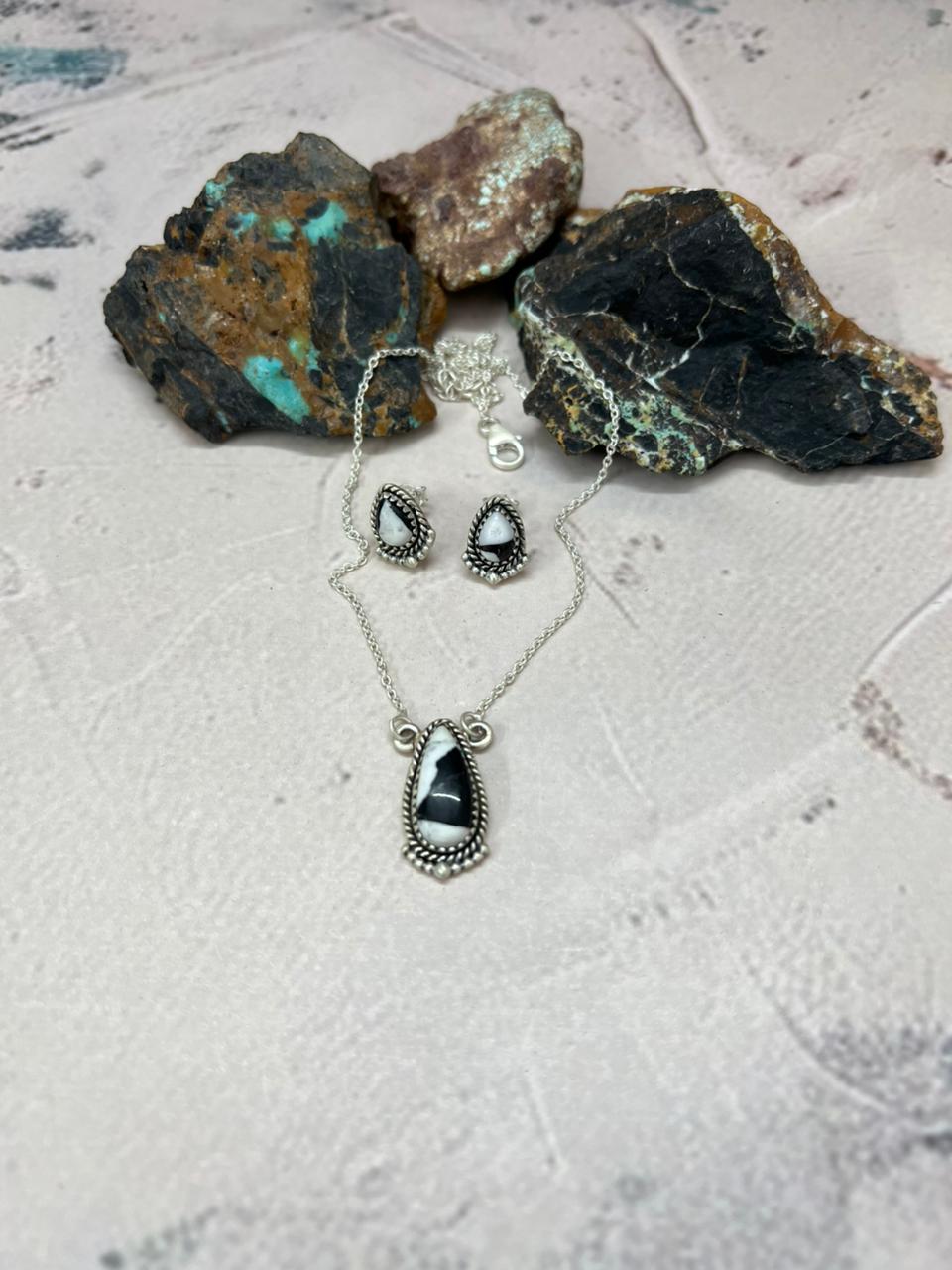 Handmade Sterling Silver White Buffalo Necklace Earrings Set "Signed Nizhoni"