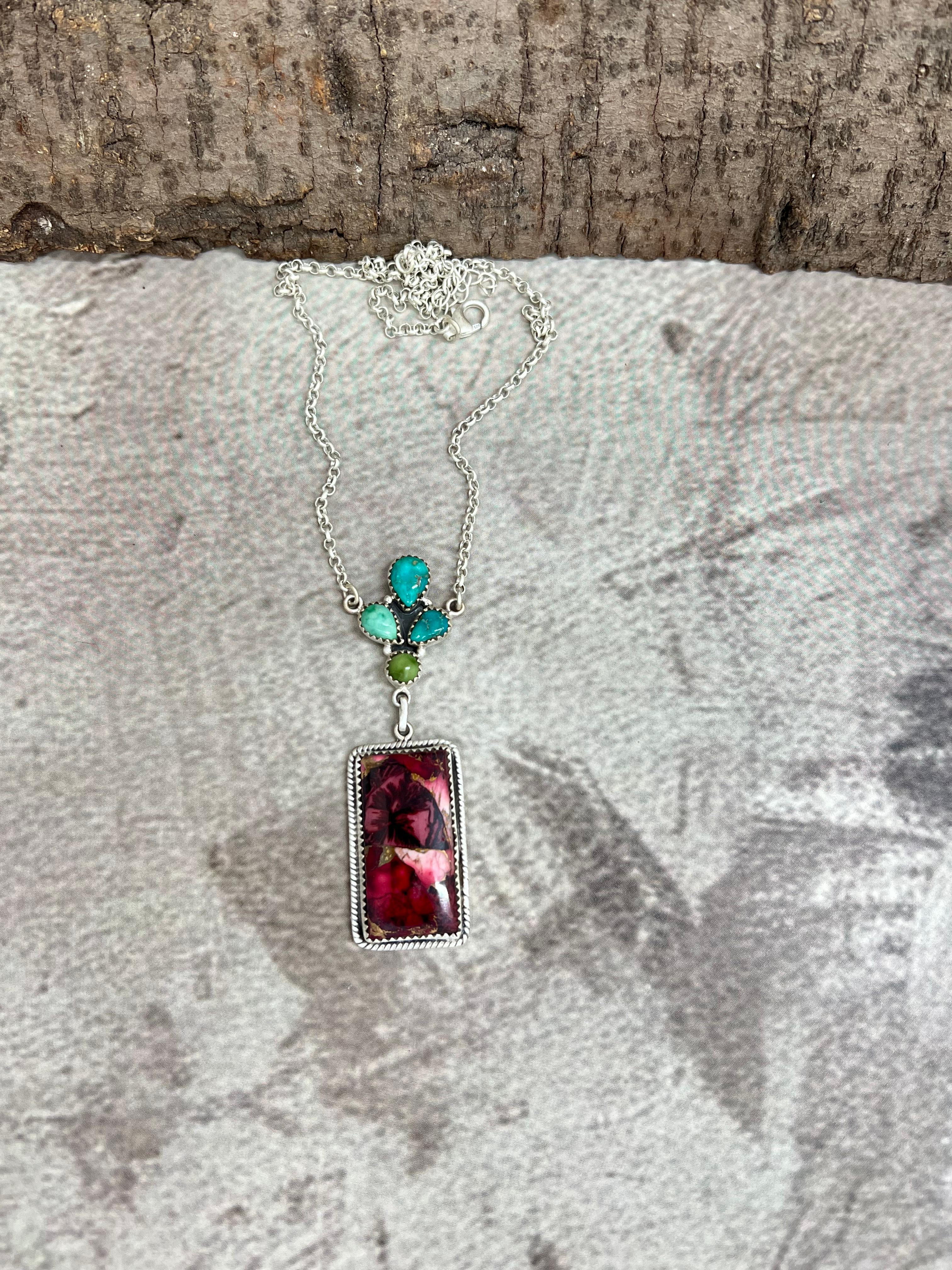 Handmade Sterling Silver Emerald Valley with Dahlia Rose Necklace with Signed Nizhoni