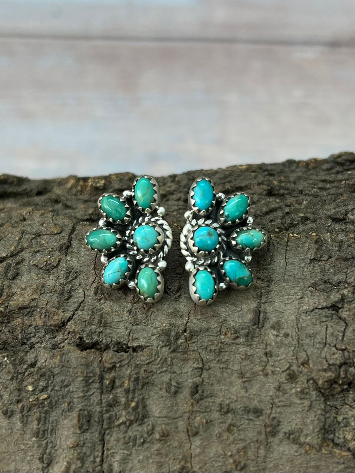 Handmade Sterling Silver Kingman Turquoise Post Studs Earrings "Signed Nizhoni"