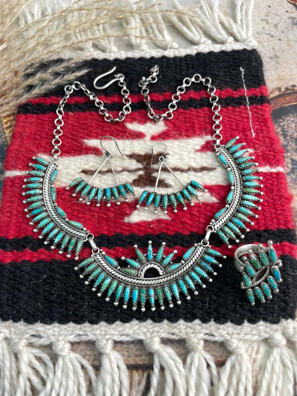 Handmade Sterling Silver Needle Collection: Kingman Turquoise Necklace Earrings Ring Set "Signed Nizhoni"