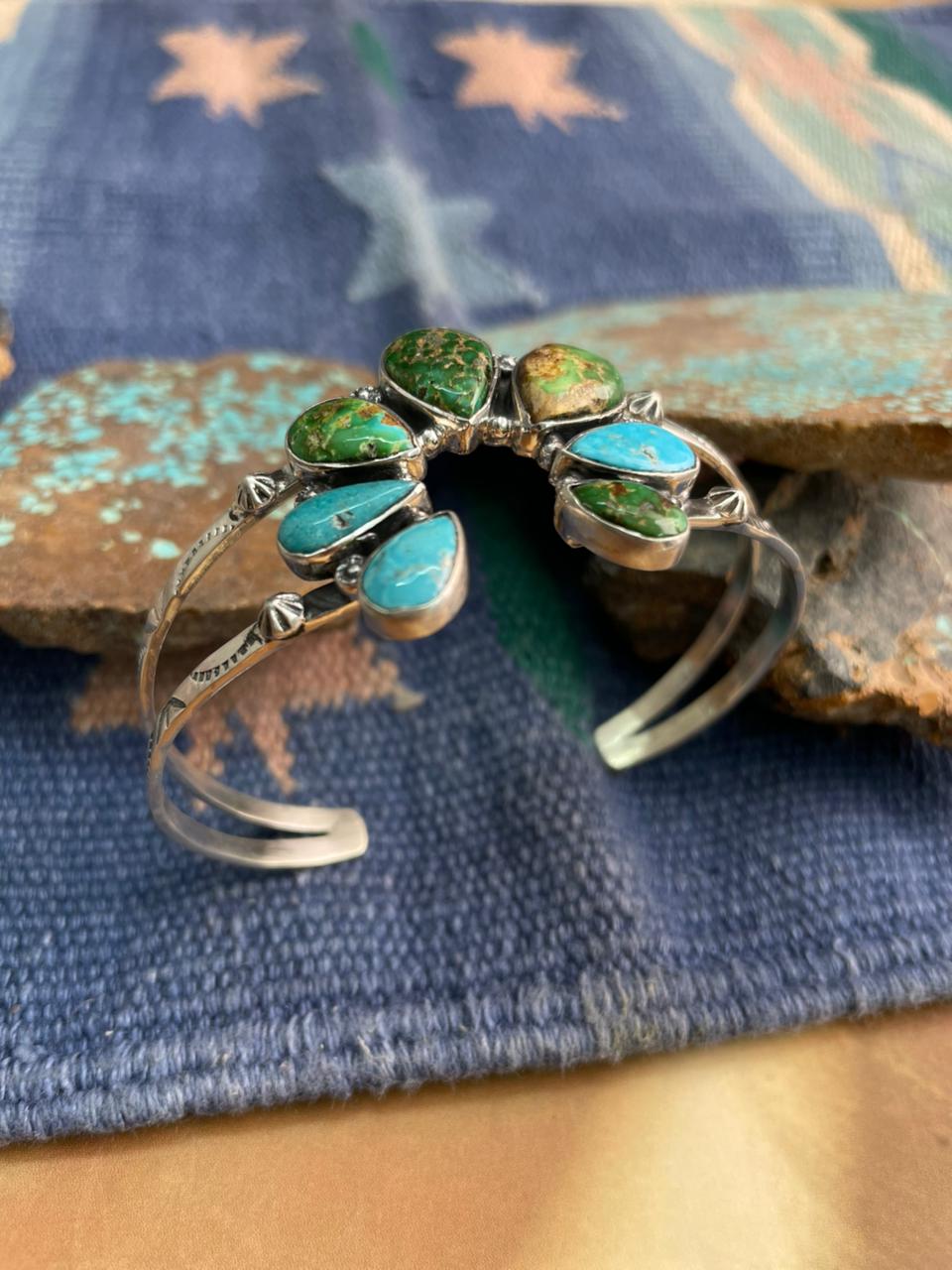 Handmade Sterling Silver Sonoran Mountain Turquoise with White Water Cuff Bracelet "Signed Nizhoni"