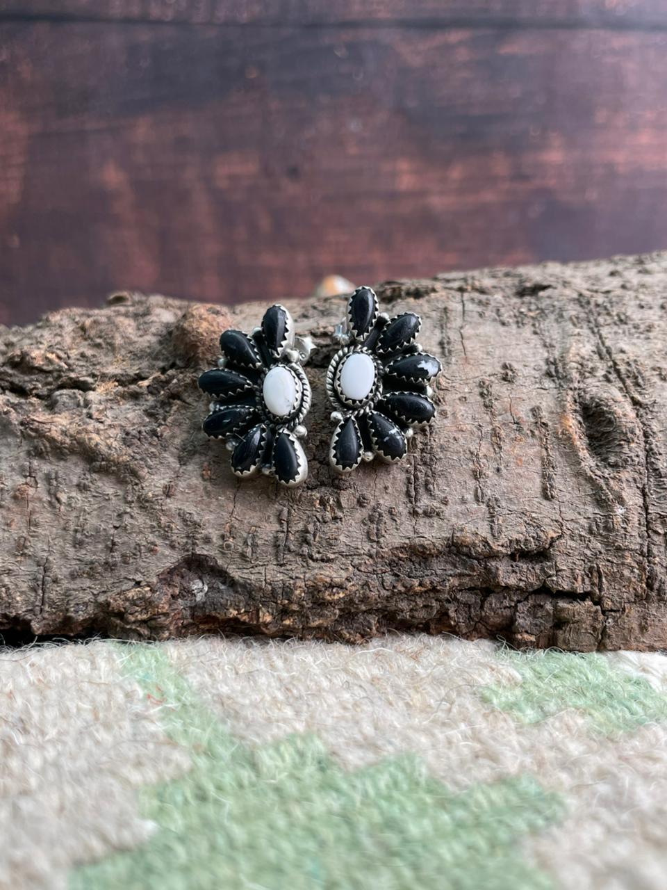 Handmade Sterling Silver White Buffalo Post Studs Earrings "Signed Nizhoni"