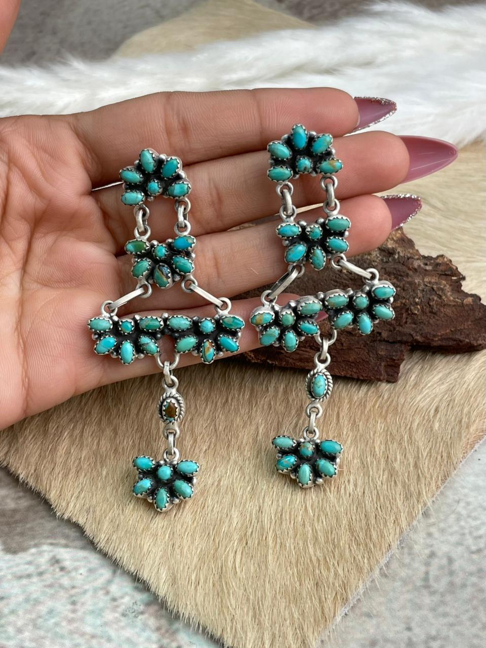 Handmade Sterling Silver Kingman Turquoise Post Dangle Earrings "Signed Nizhoni"