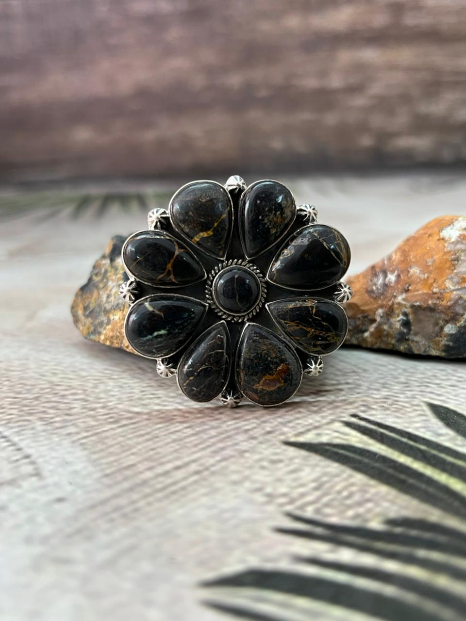 Handmade Sterling Silver Blackjack Turquoise Adjustable Ring " Signed Nizhoni"