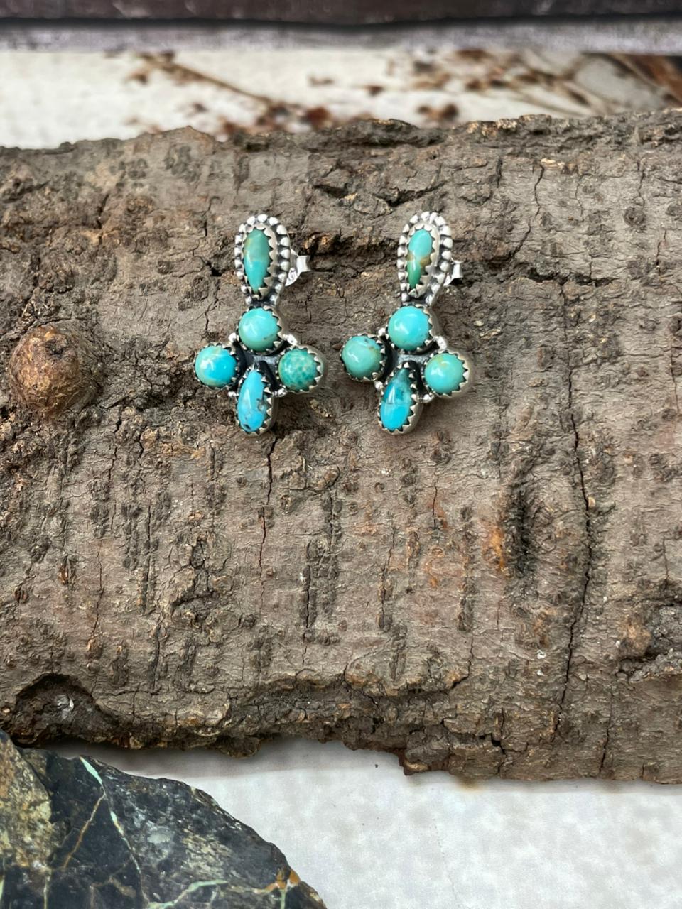 Handmade Sterling Silver Kingman Turquoise Post Dangle Earrings "Signed Nizhoni"