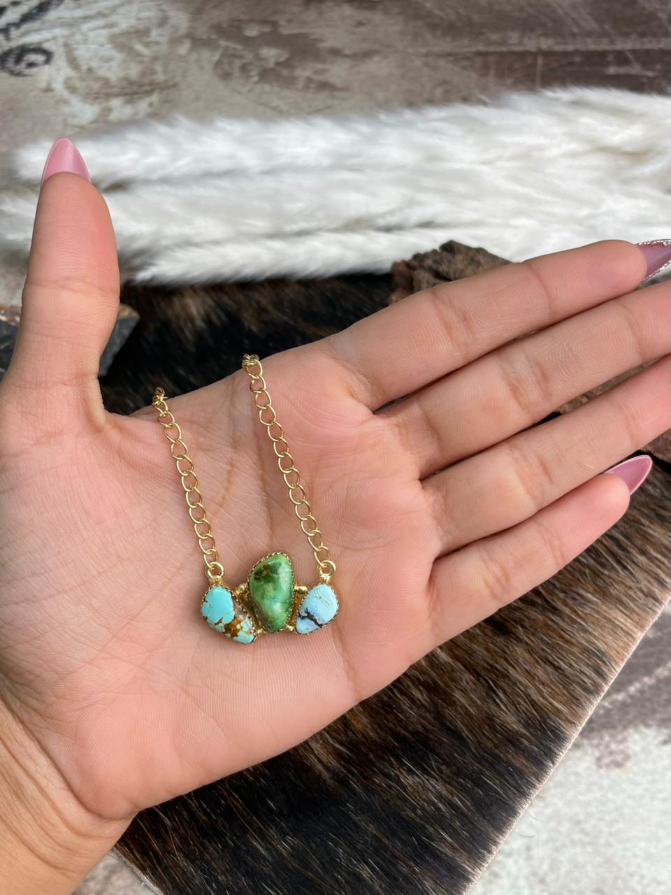 “The Golden Collection” Handmade Natural Golden Hills, Sonoran and Number 8 Turquoise Gold Plated Necklace