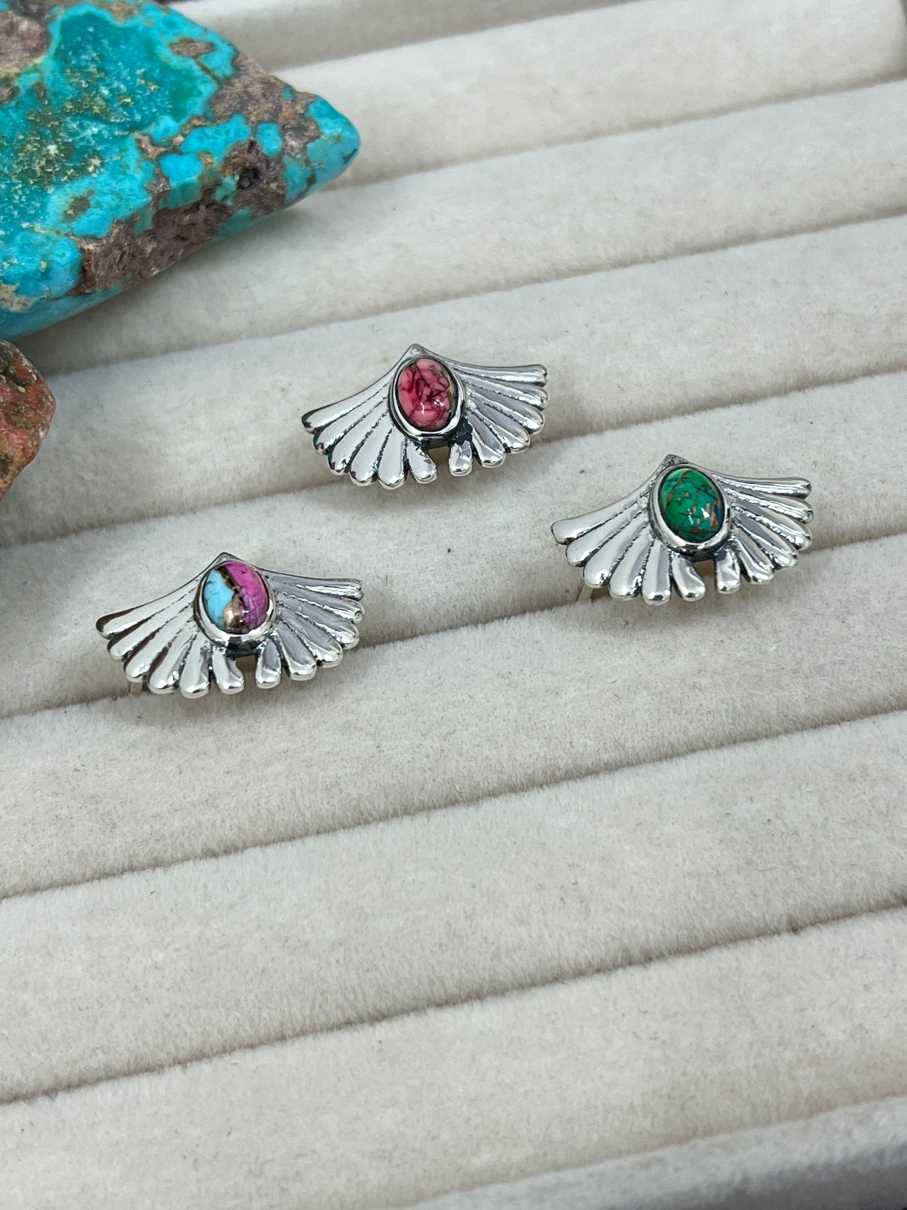 Handmade Sterling Silver Peacock Dahlia, Cotton Candy Turquoise, Dahlia Rose Adjustable Ring, Signed Nizhoni