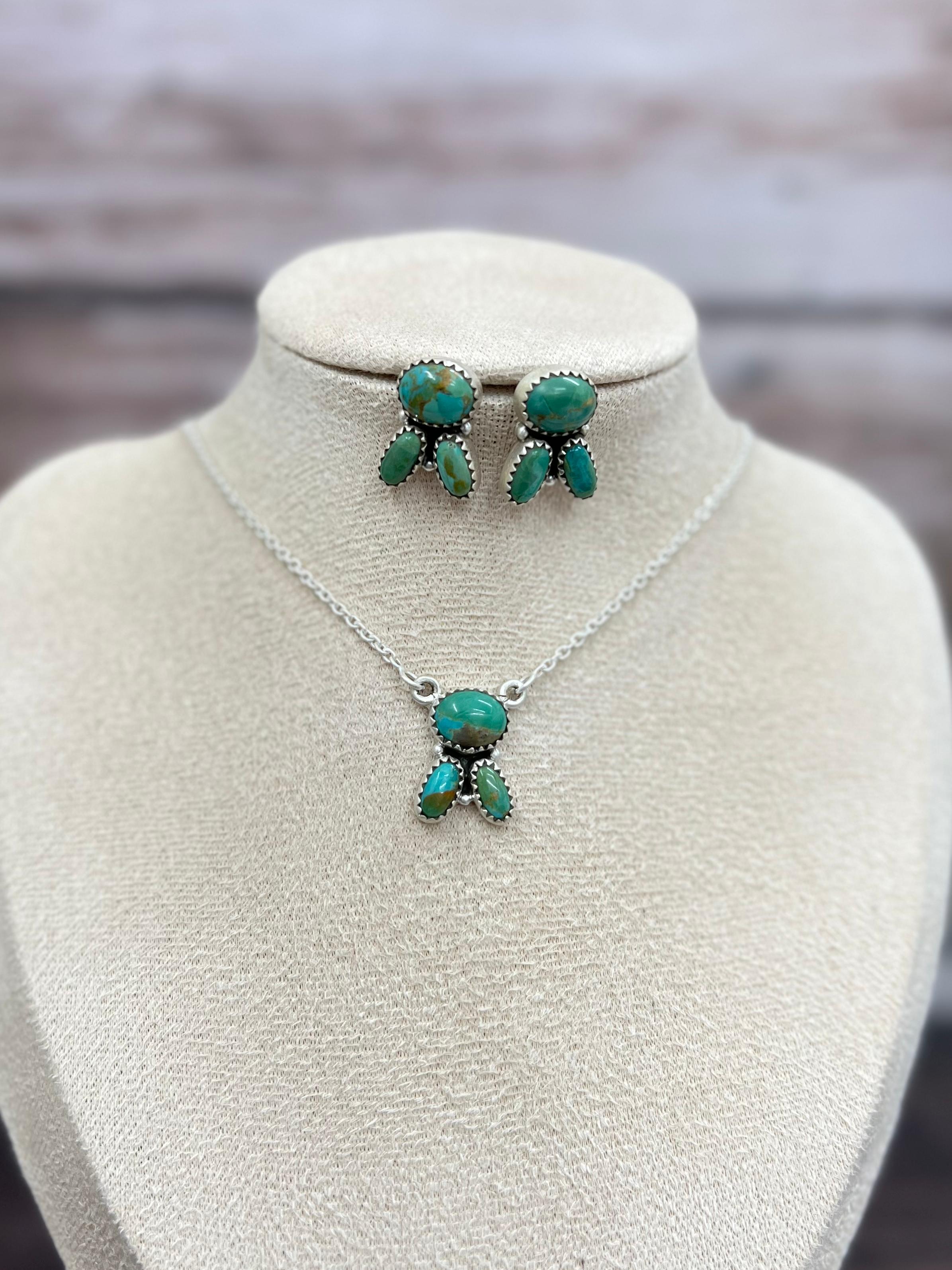 Handmade Sterling Silver Kingman Turquoise Necklace Earrings Set with Signed Nizhoni