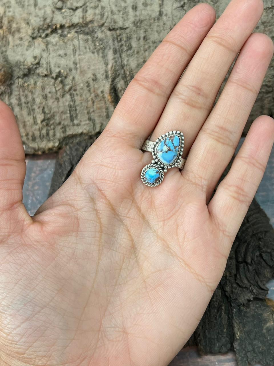 Handmade Sterling Silver Golden Hills Turquoise Adjustable Ring "Signed Nizhoni"