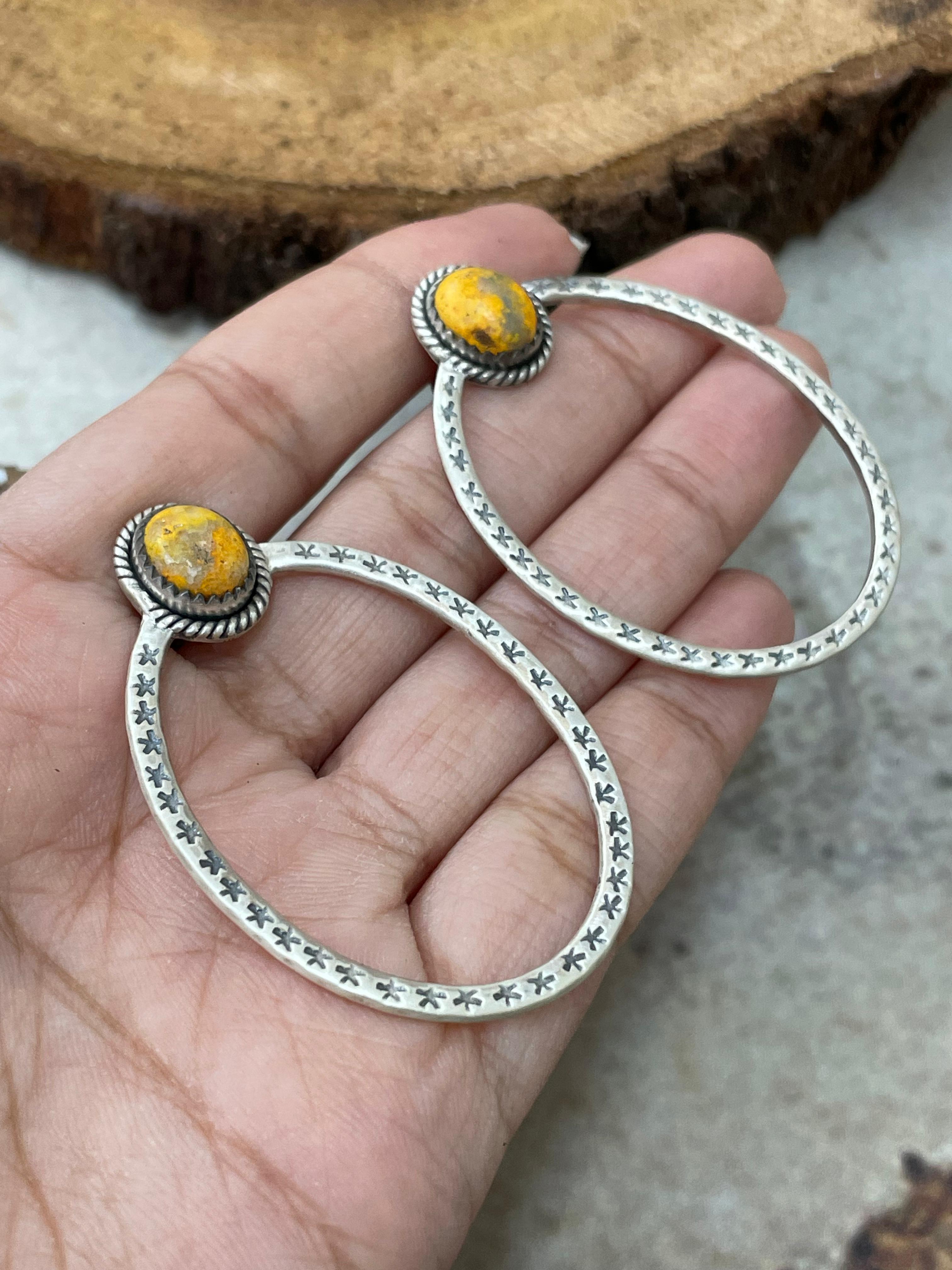 Handmade Sterling Silver Bumblebee Post Hoop Earrings with Signed Nizhoni