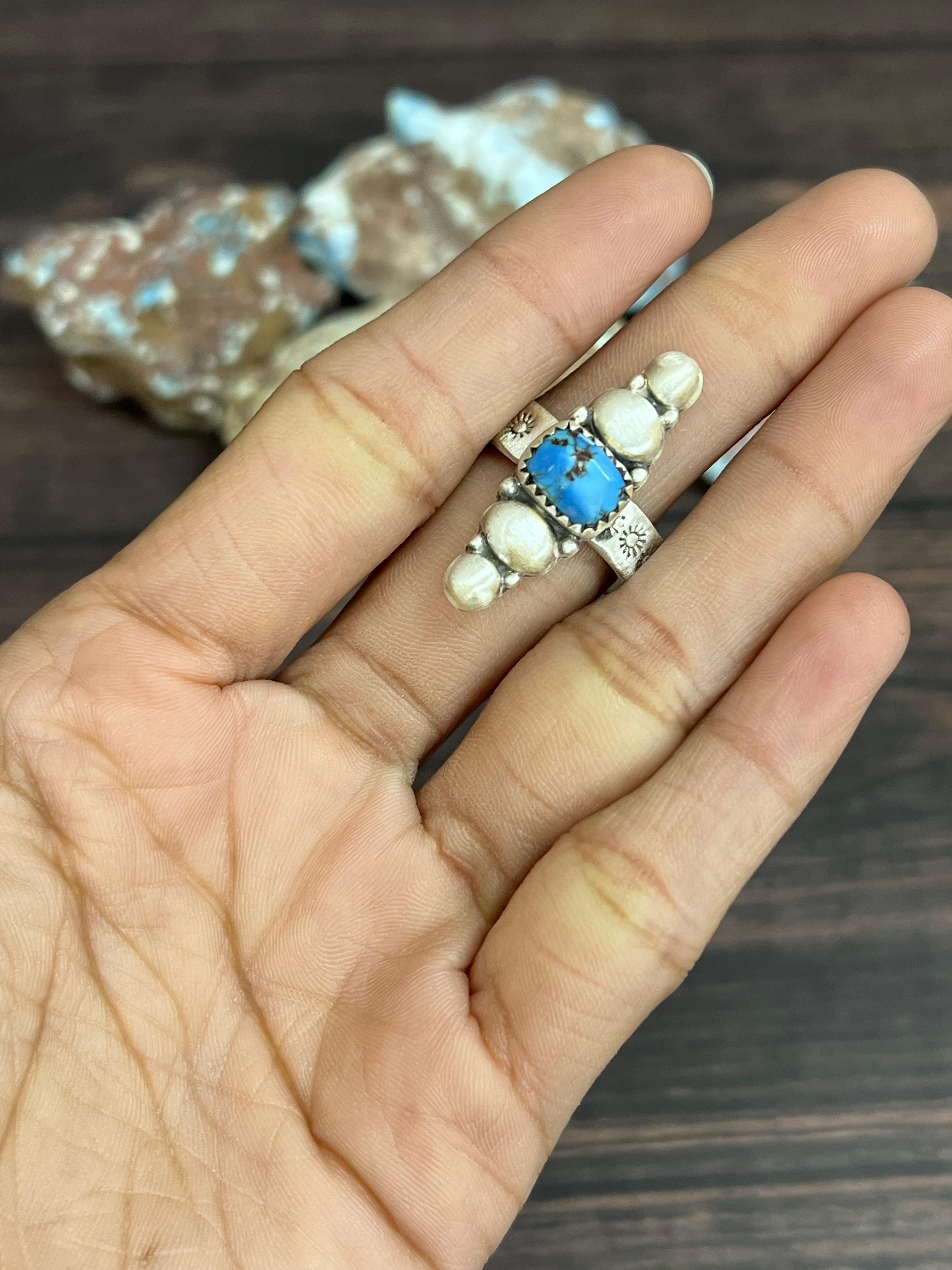 Handmade Sterling Silver with Golden Hills Turquoise Adjustable Ring With Signed Nizhoni