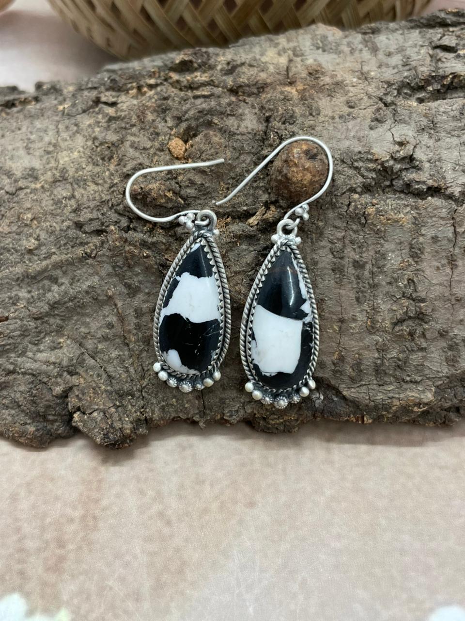 Handmade Sterling Silver White Buffalo Hook Dangle Earrings with Signed Nizhoni