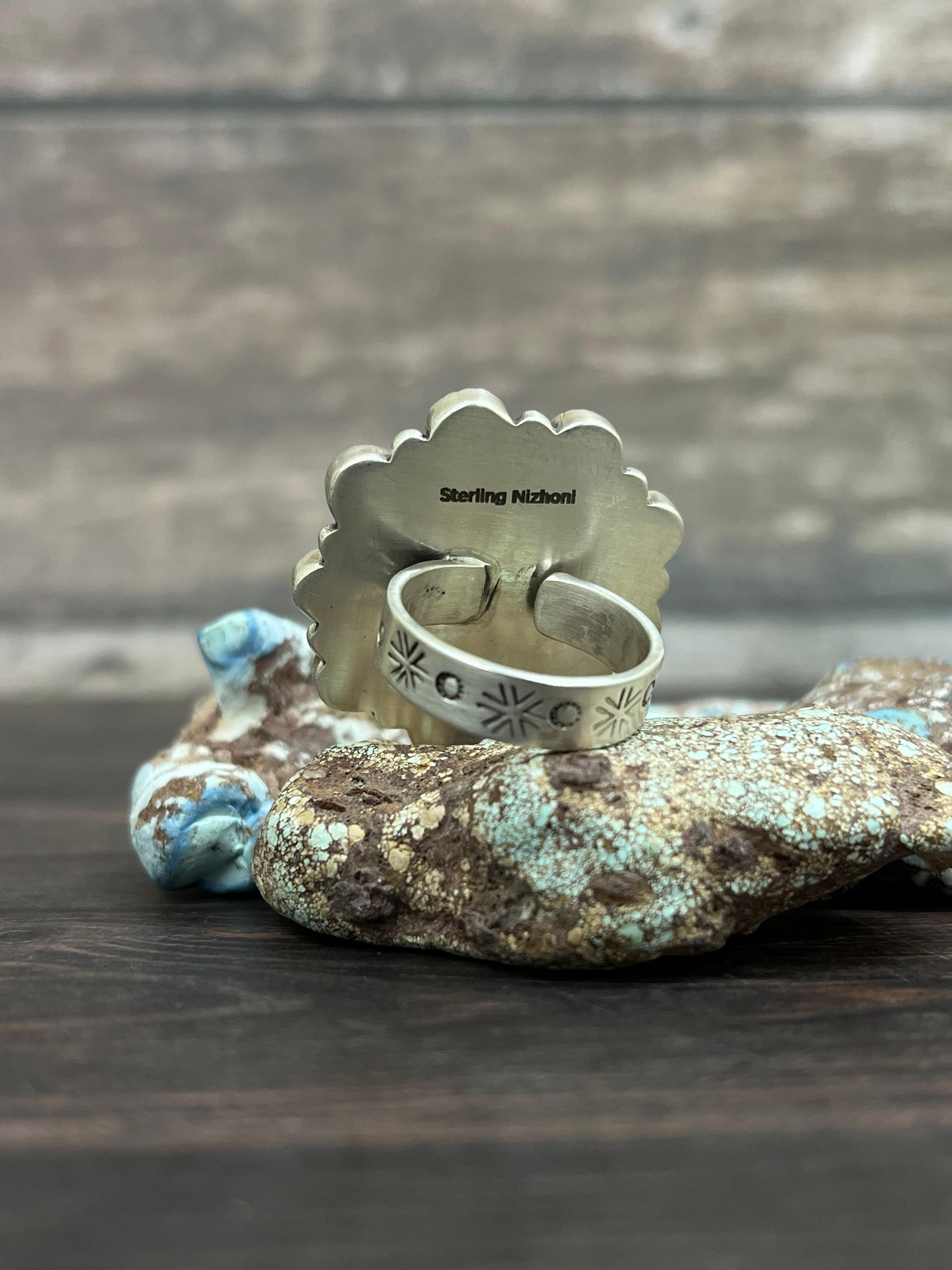 Handmade Sterling Silver Golden Hills Turquoise Adjustable Ring With Signed Nizhoni