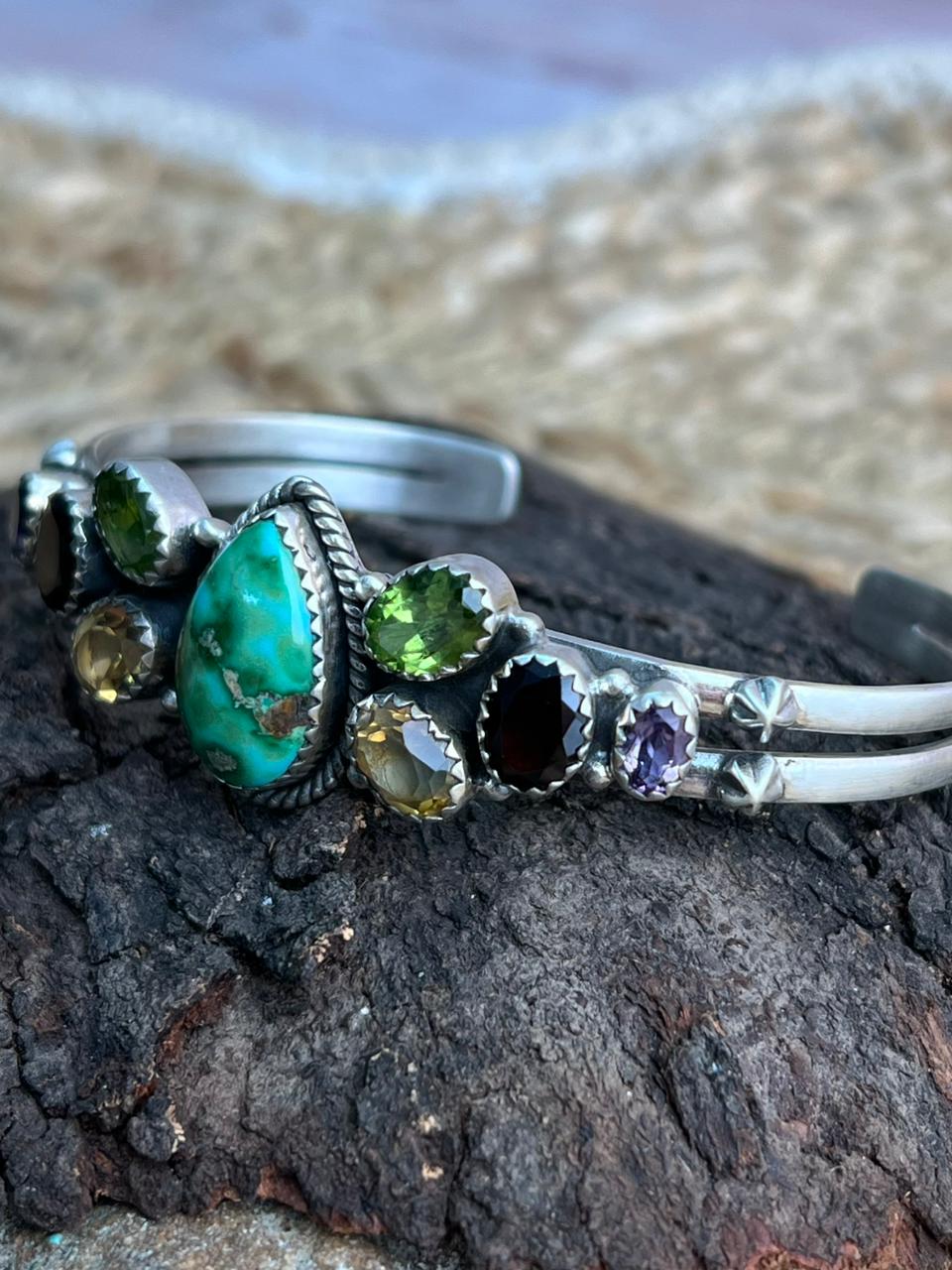 Handmade Sterling Silver Sonoran with Cut Stone Bracelet "Signed Nizhoni"