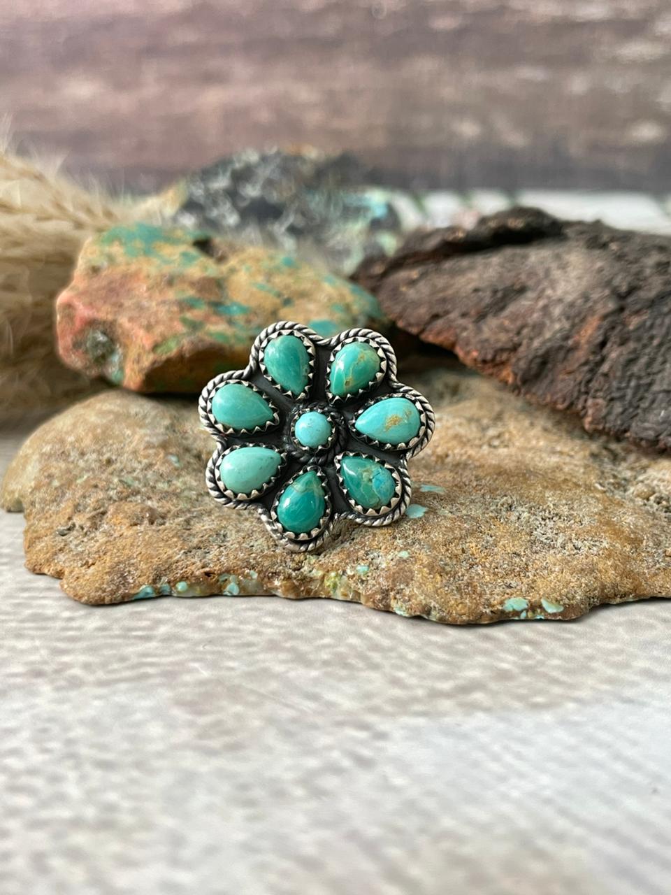 Handmade Sterling Silver Kingman Turquoise Adjustable Ring "Signed Nizhoni"