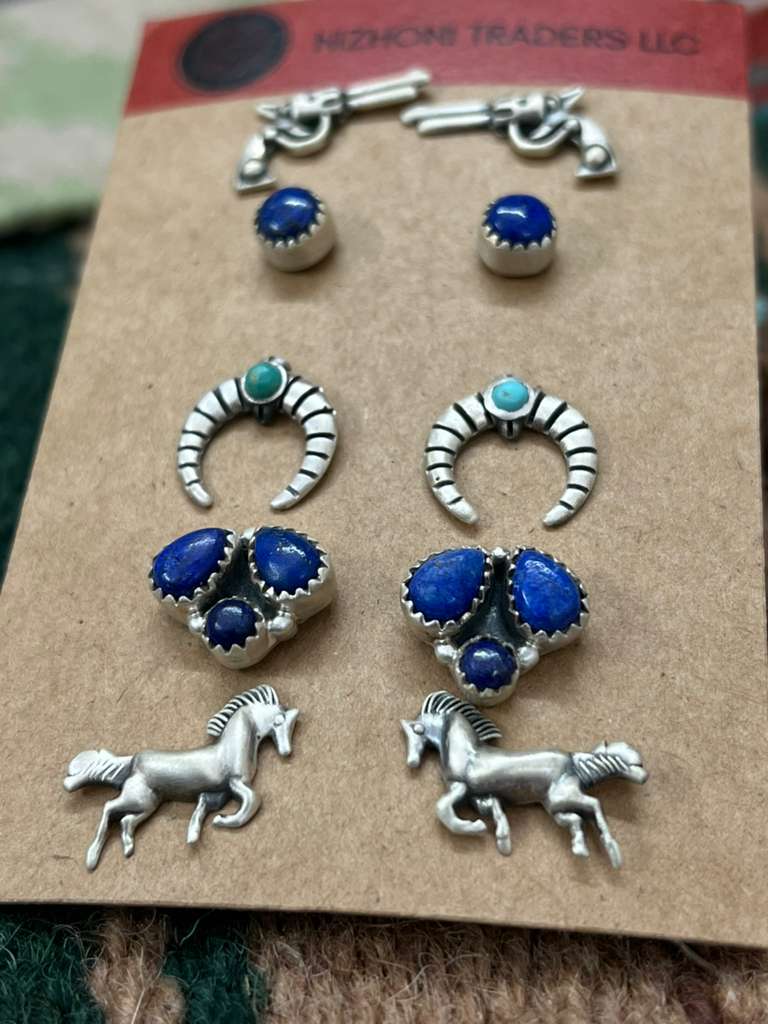 Handmade Sterling Silver Kingman Turquoise and Lapis Post Studs (Card) with Signed Nizhoni