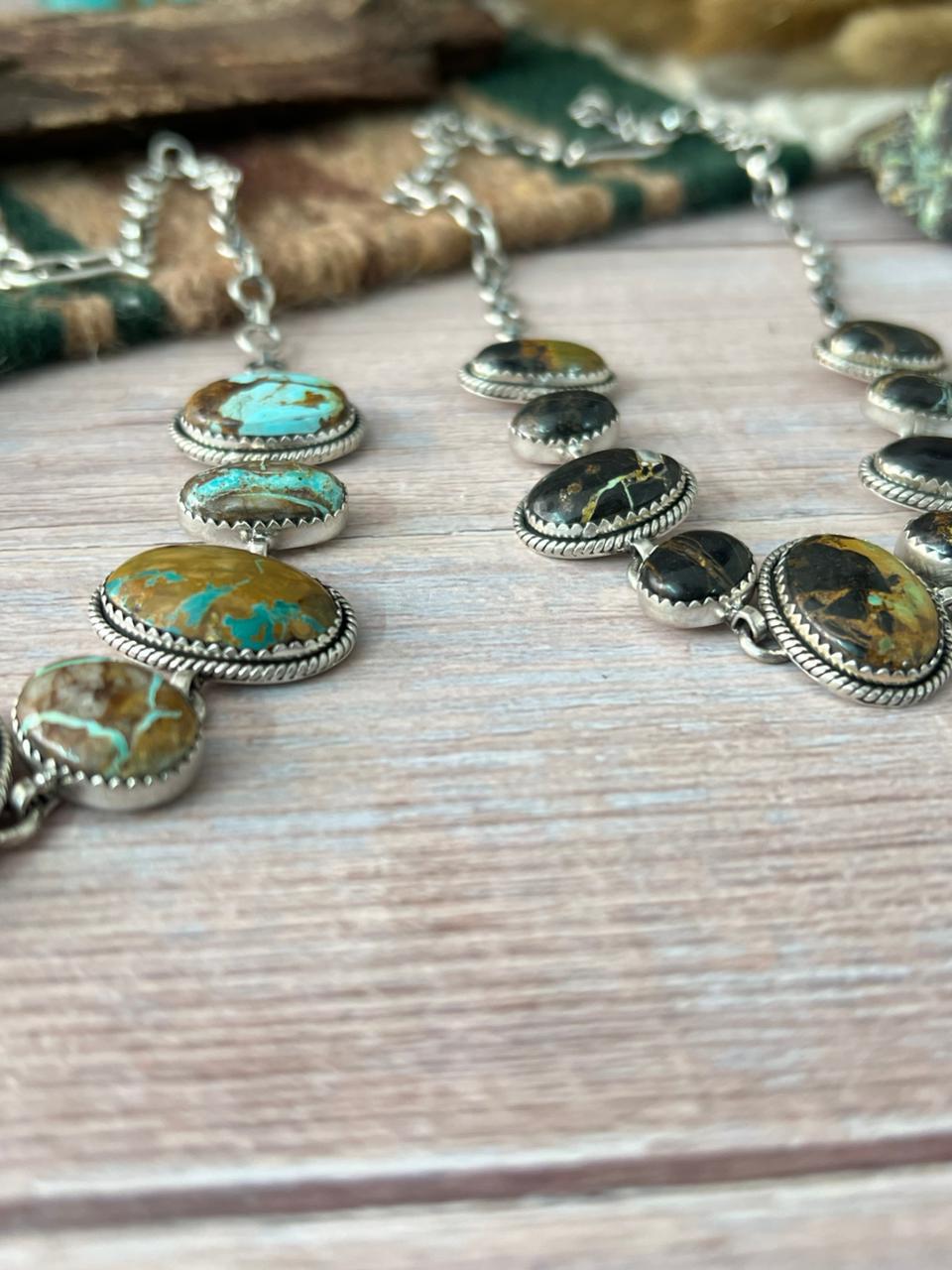 Handmade Sterling Silver Ribbon Royston, Blackjack Turquoise Choker Necklace "Signed Nizhoni"