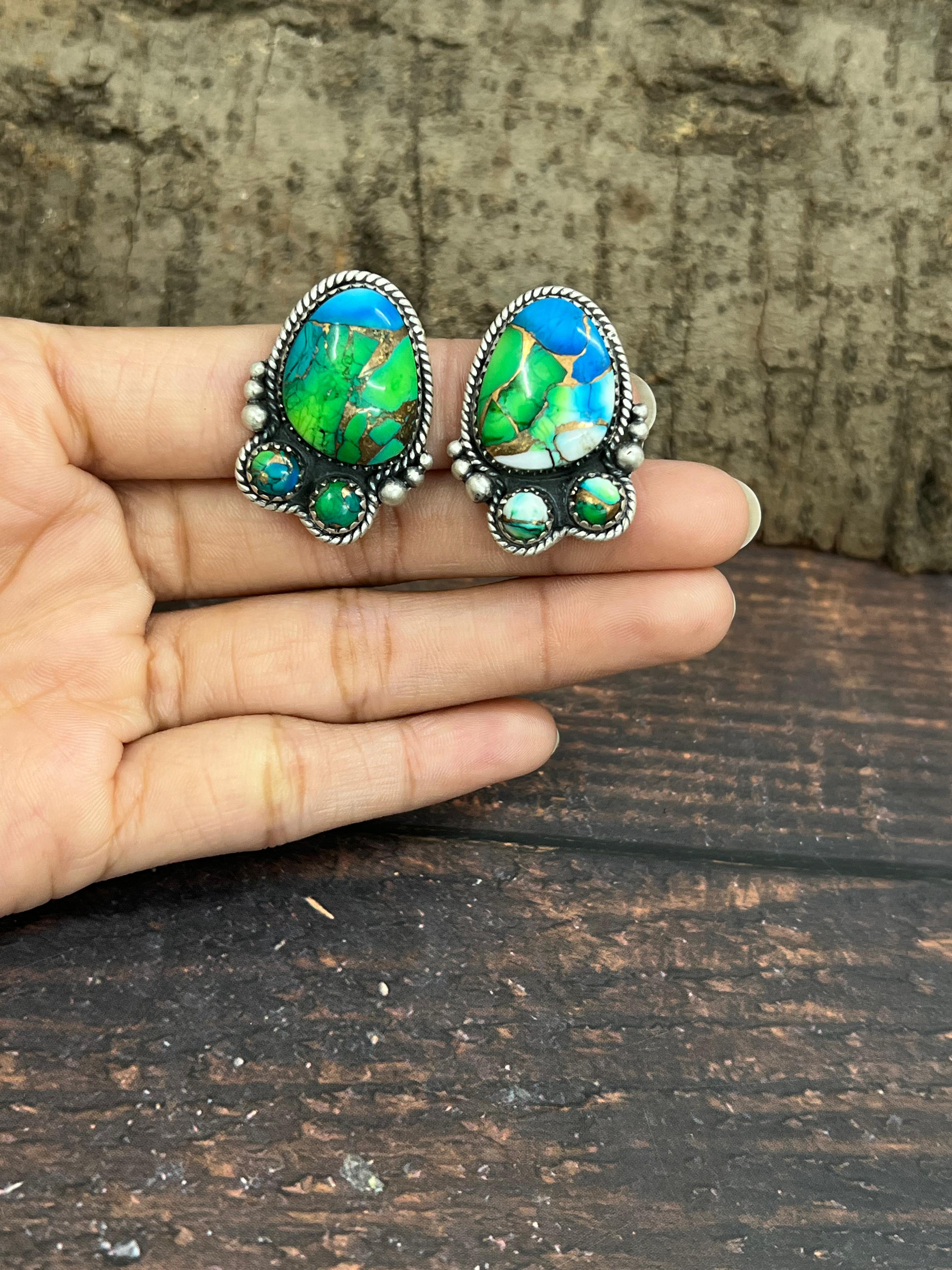 Handmade Sterling Silver Peacock Dahlia Post Earrings with Signed Nizhoni