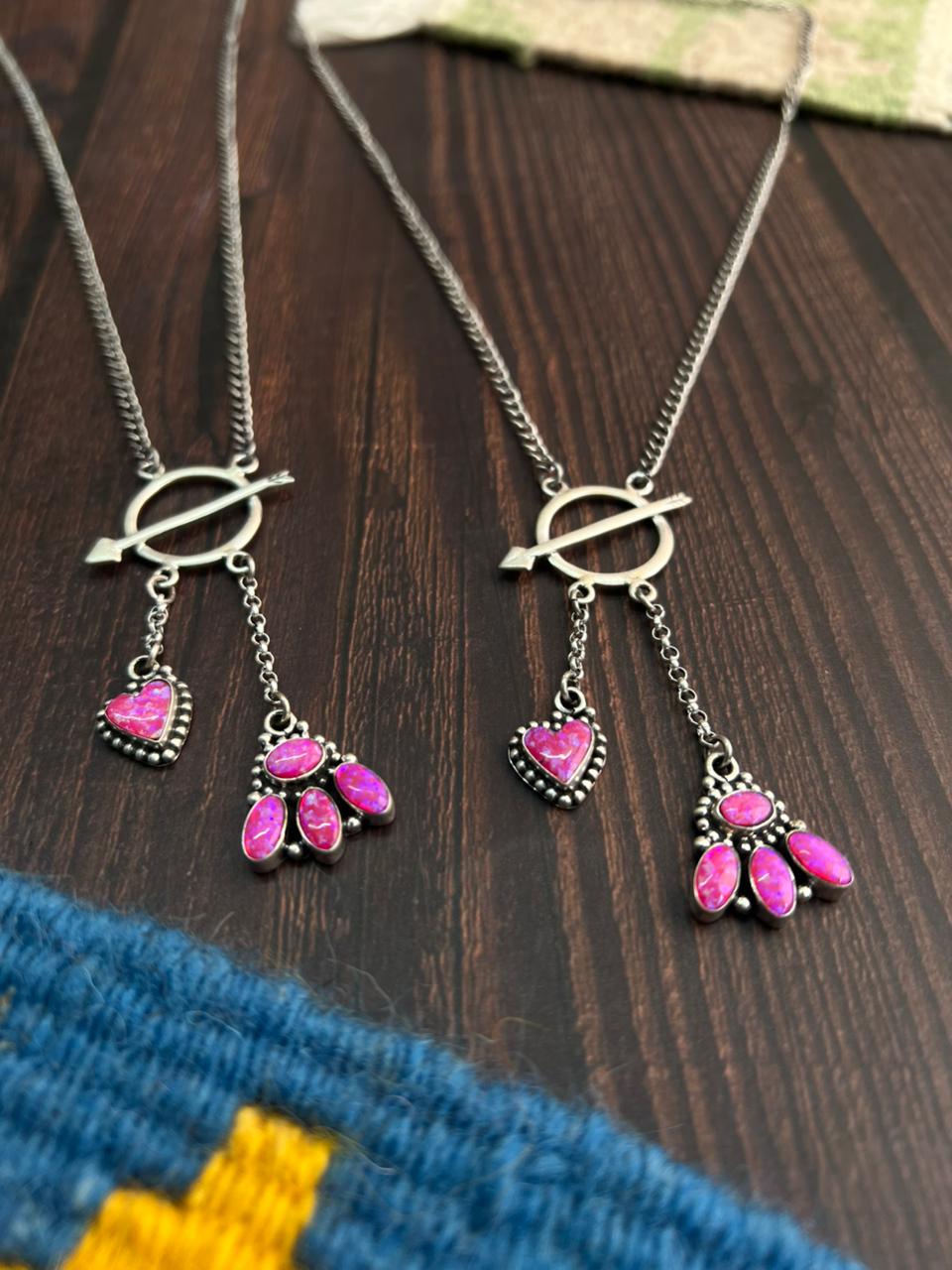 "Heart Collection" Handmade Sterling Silver Hot Pink Lariat Necklace "Signed Nizhoni"