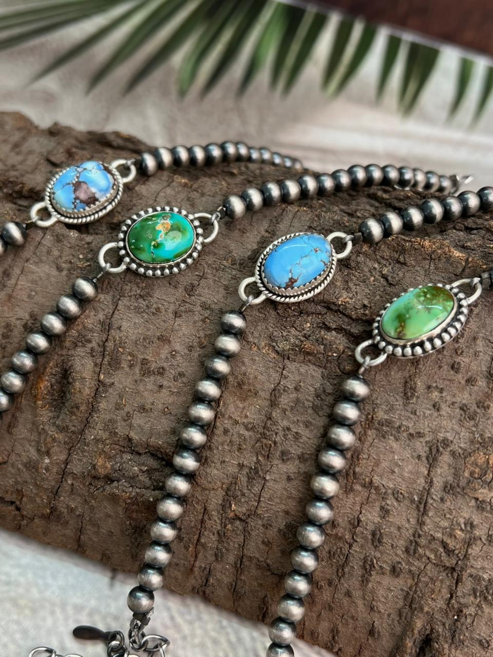 Handmade Sterling Silver Beaded Golden Hills, Sonoran Mountain Turquoise Chain Bracelet "Signed Nizhoni"