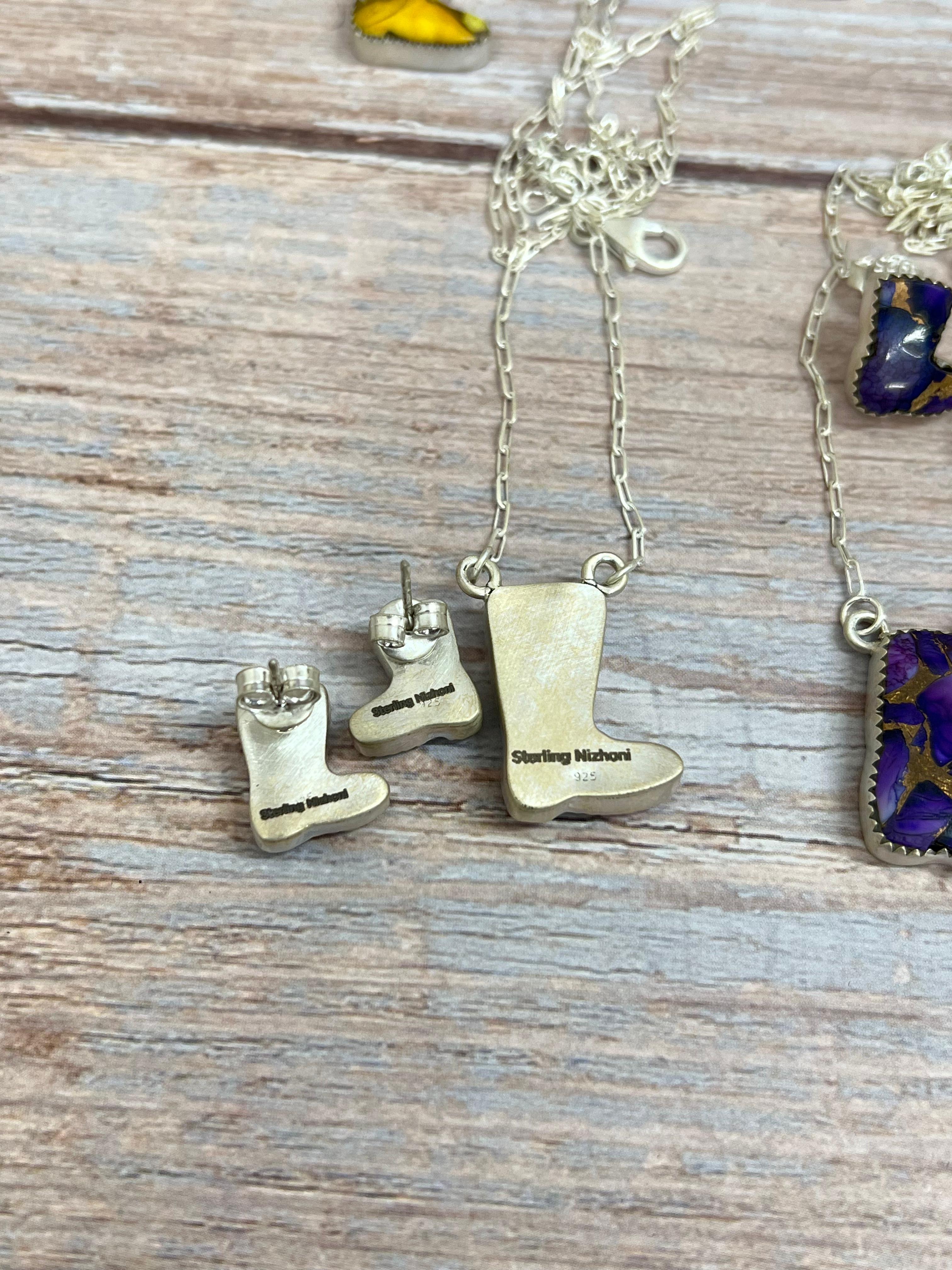 Handmade Sterling Silver Multi Stone Boot Necklace Earrings Set Signed Nizhoni