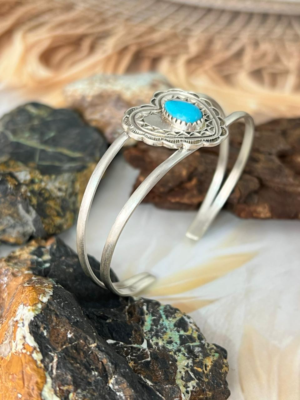 Handmade Sterling Silver Kingman Turquoise Heart Bracelet "Signed Nizhoni"
