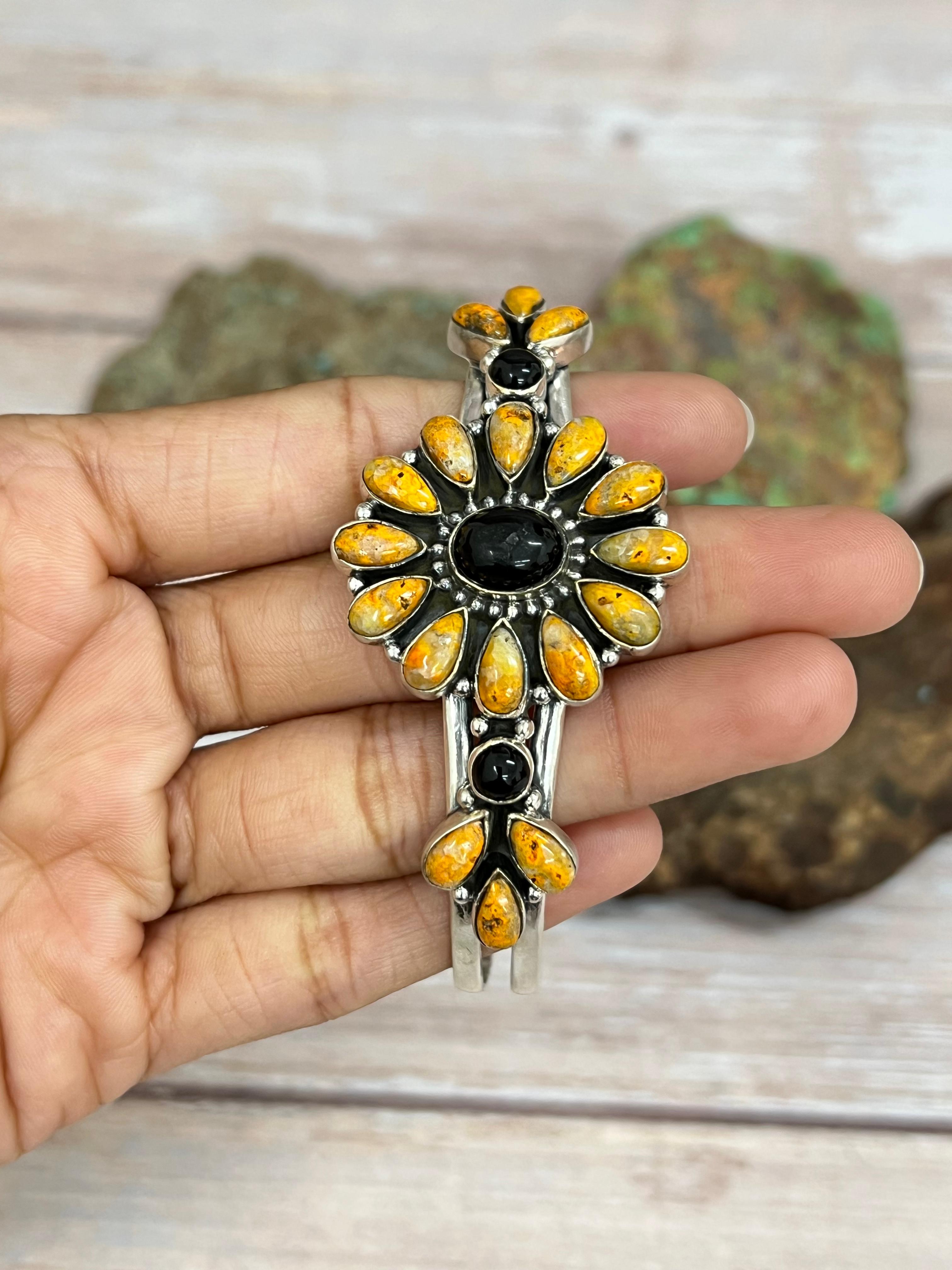 "Halloween Collection" Handmade Sterling Silver Black Onyx, Bumblebee Cuff Bracelet with Signed Nizhoni