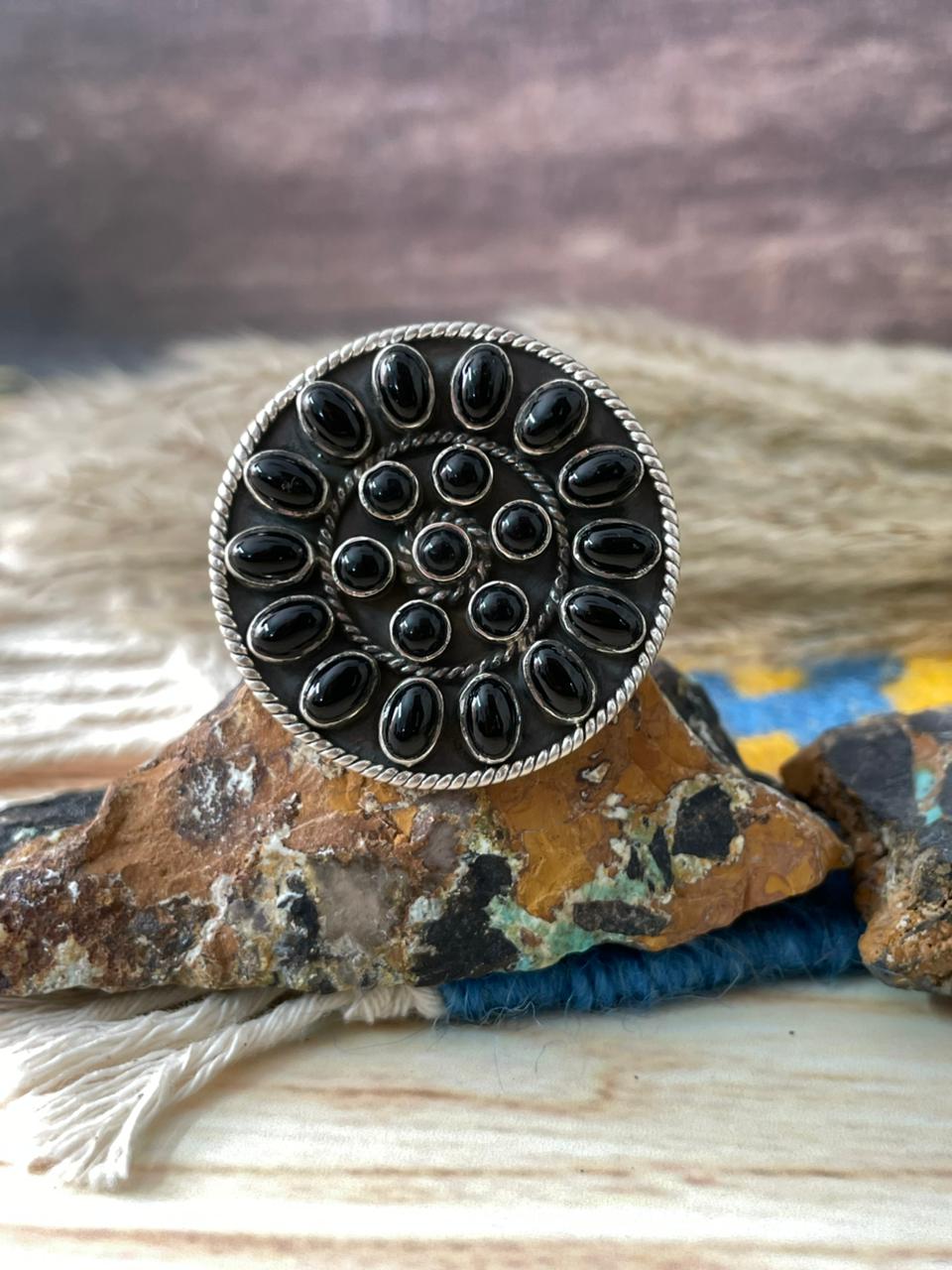 Handmade Sterling Silver Black Onyx Adjustable Ring "Signed Nizhoni"