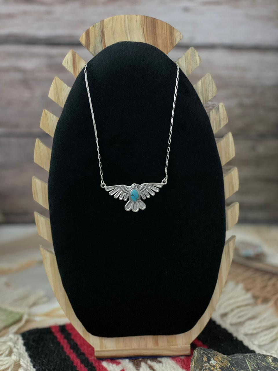 Handmade Sterling Silver Kingman Turquoise Thunder Bird Necklace "Signed Nizhoni"