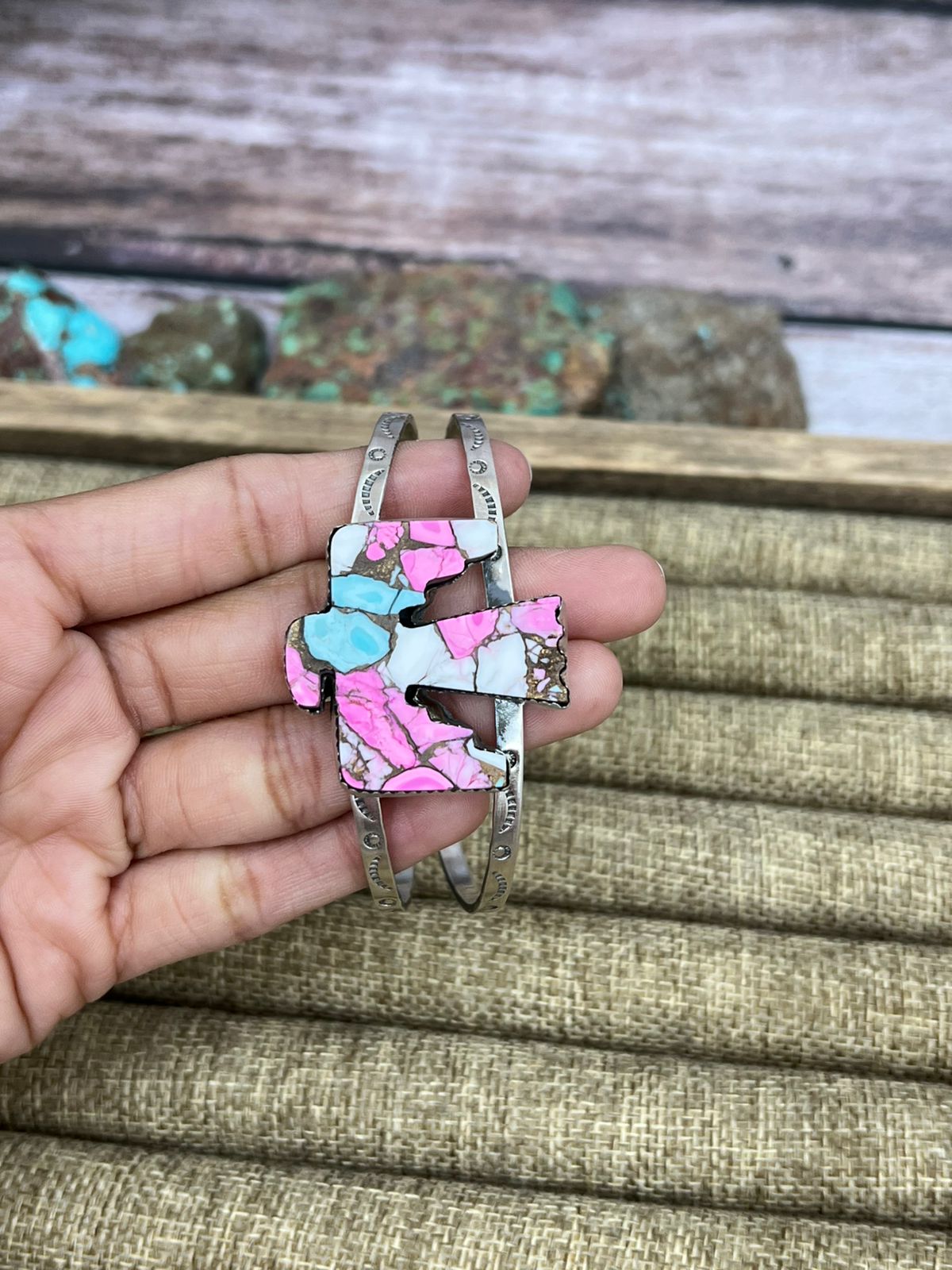 Handmade Sterling Silver Cotton Candy Turquoise Thunder Bird Cuff Bracelet with Signed Nizhoni