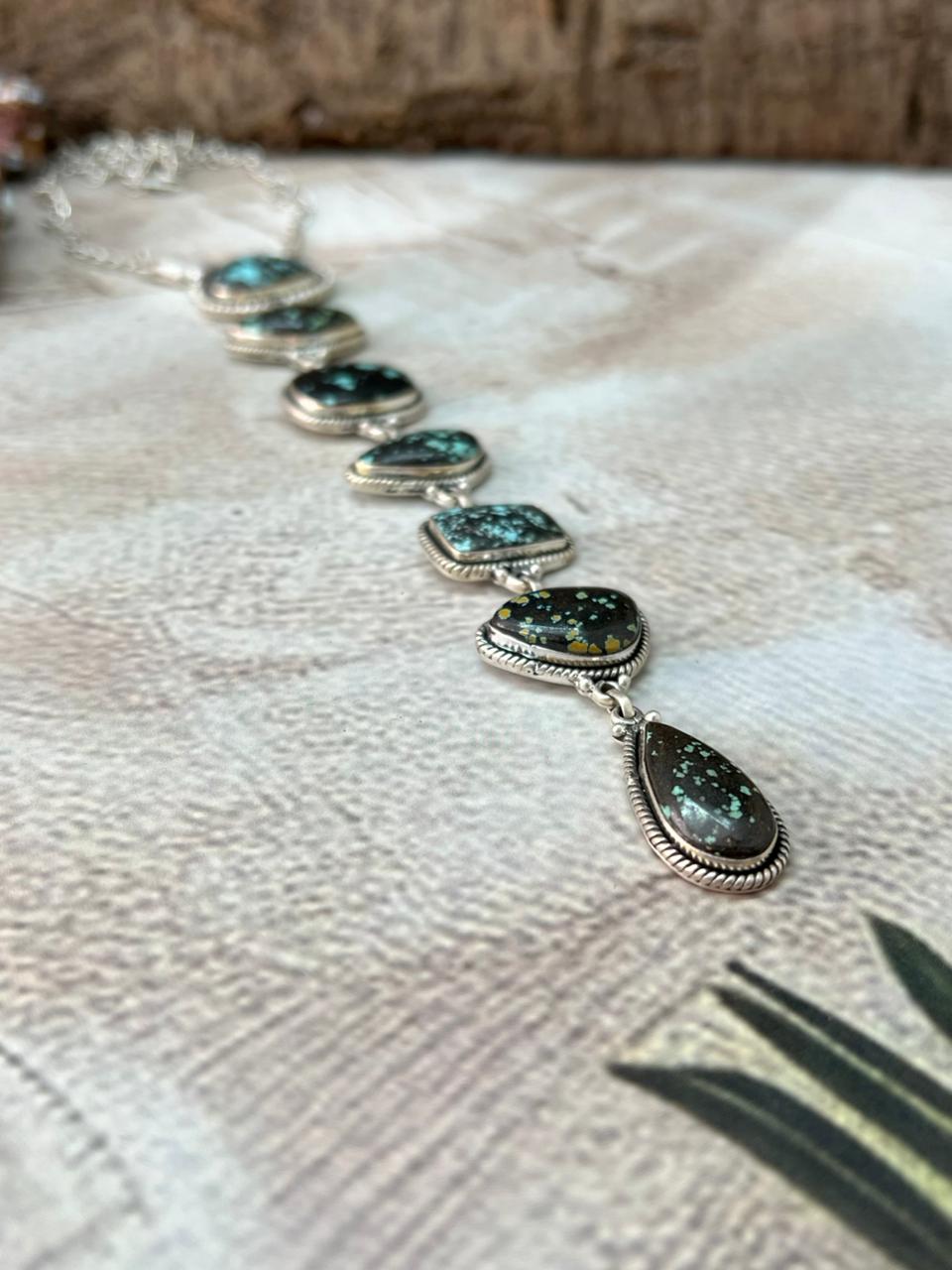 Handmade Sterling Silver Lander Turquoise Necklace with Signed Nizhoni