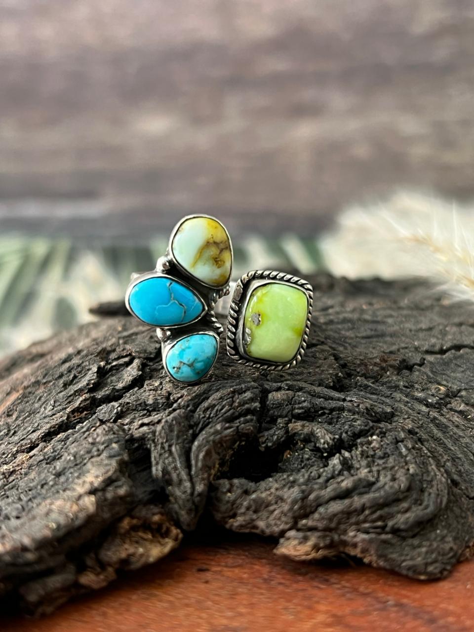 Handmade Sterling Silver White Water with Palomino Turquoise Collection: Adjustable Ring "Signed Nizhoni"