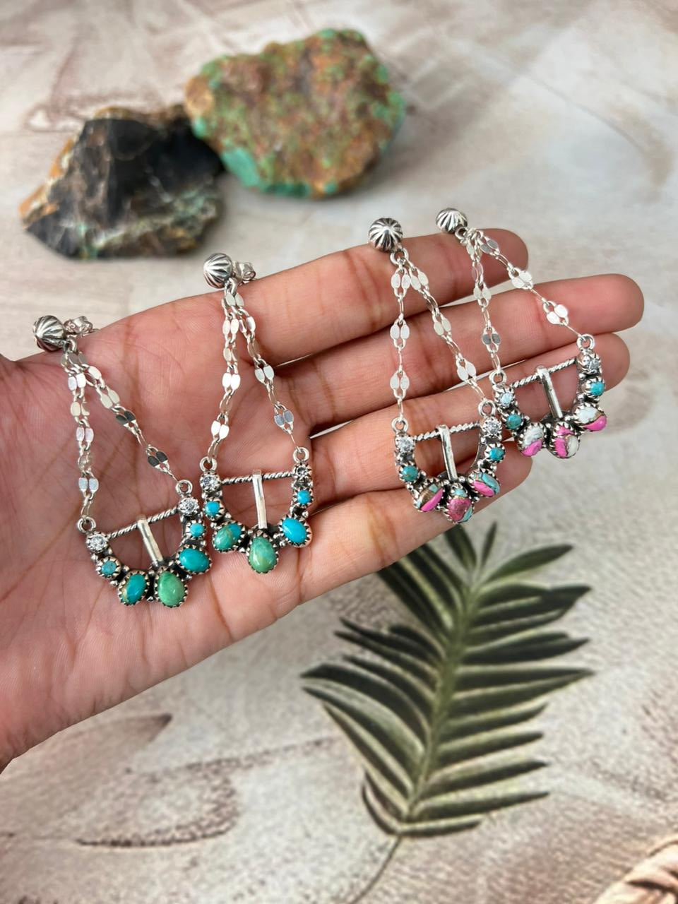 Handmade Sterling Silver Multi Stone Post Dangle Earrings "Signed Nizhoni"