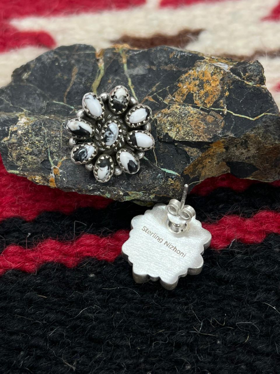 Handmade Sterling Silver White Buffalo with Red Opal Studs Post Earrings "Signed Nizhoni"