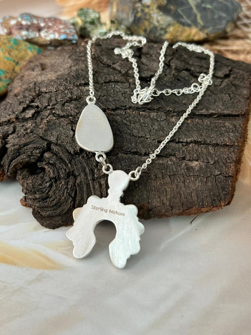 Handmade Sterling Silver Kingman with Number 8 Turquoise Necklace "Signed Nizhoni"