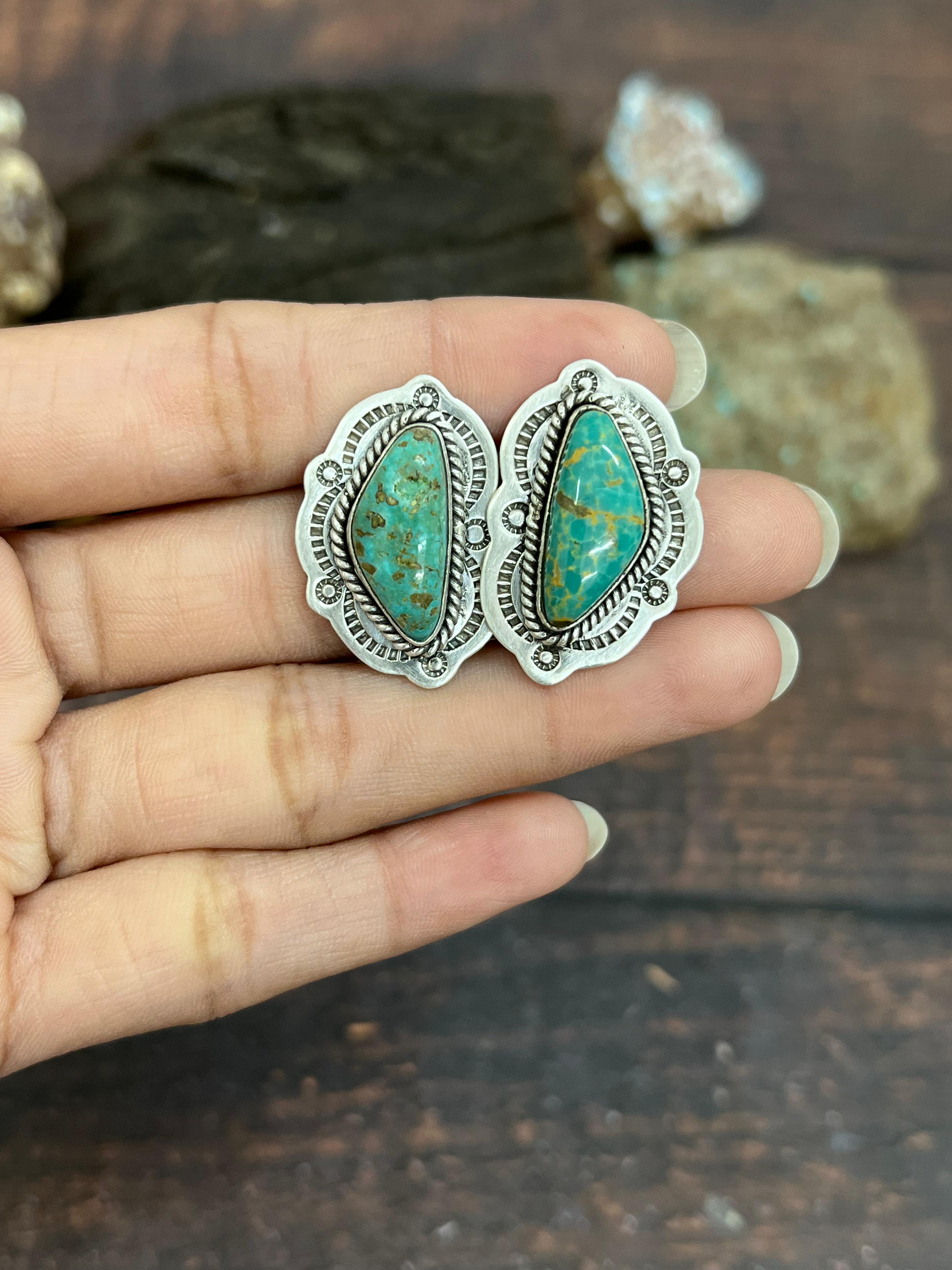 Handmade Sterling Silver Mantis Turquoise Post Studs, Signed Nizhoni