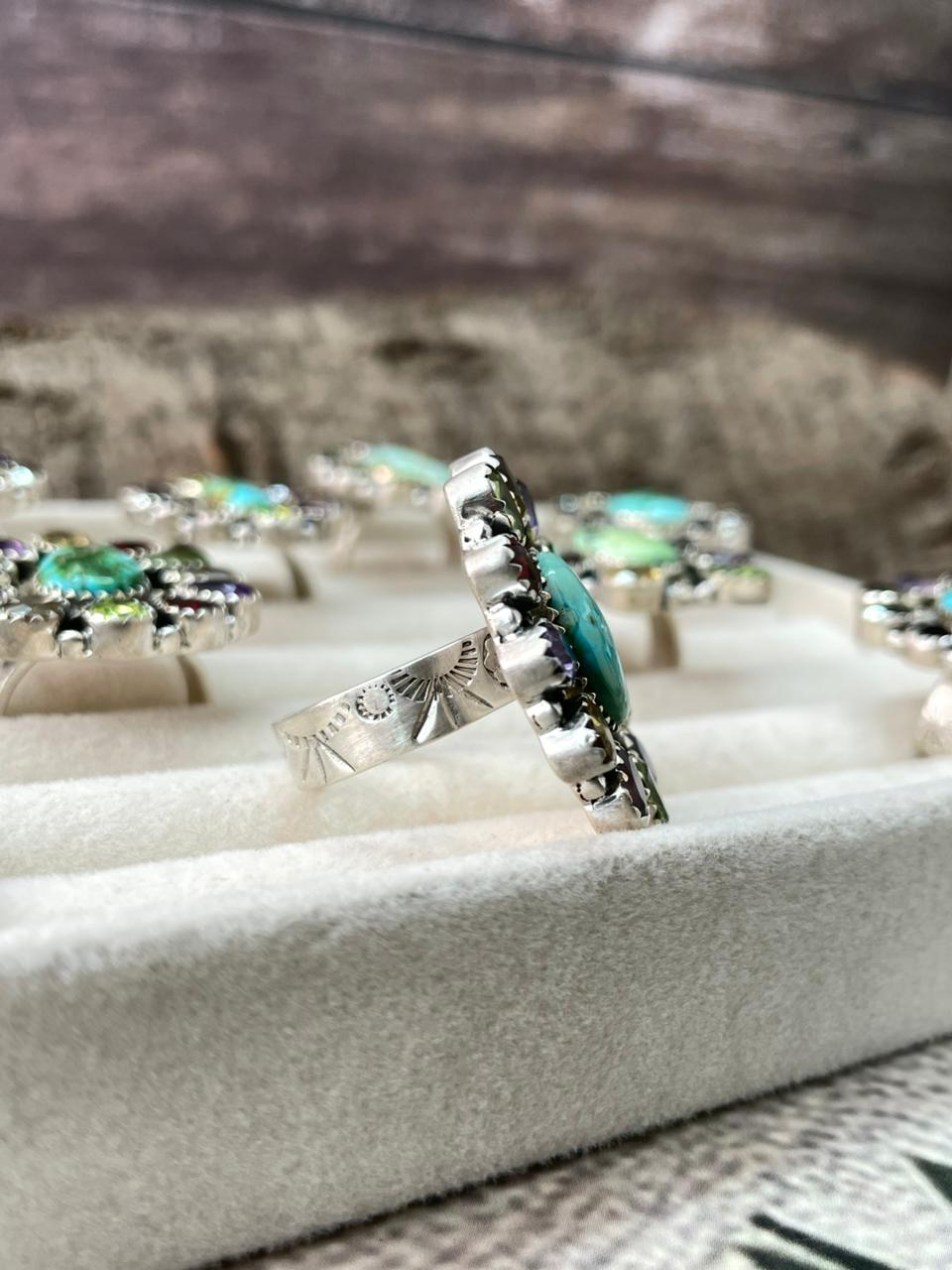 Handmade Sterling Silver Sonoran with Cut Stones Adjustable Ring "Signed Nizhoni"