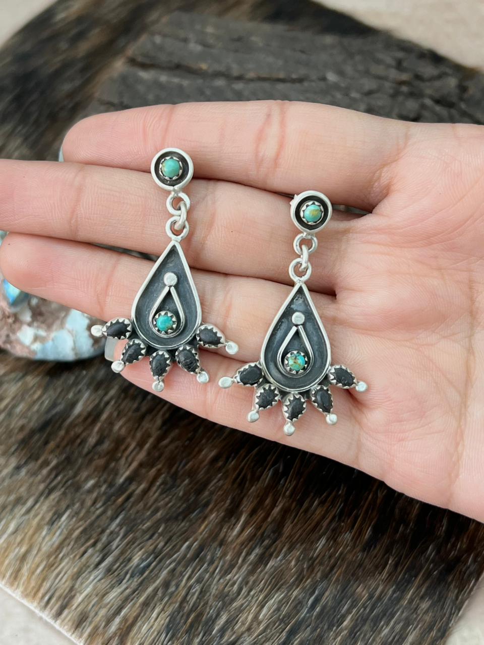 Handmade Sterling Silver Kingman Turquoise Post Dangle Earrings "Signed Nizhoni"