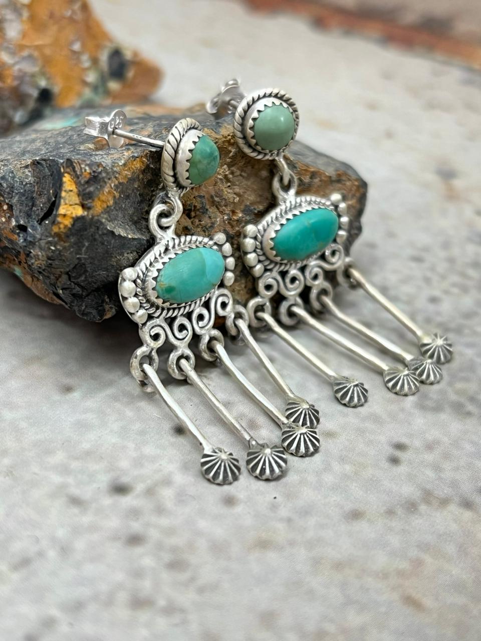 Handmade Sterling Silver Kingman Turquoise Post Dangle Earrings "Signed Nizhoni"