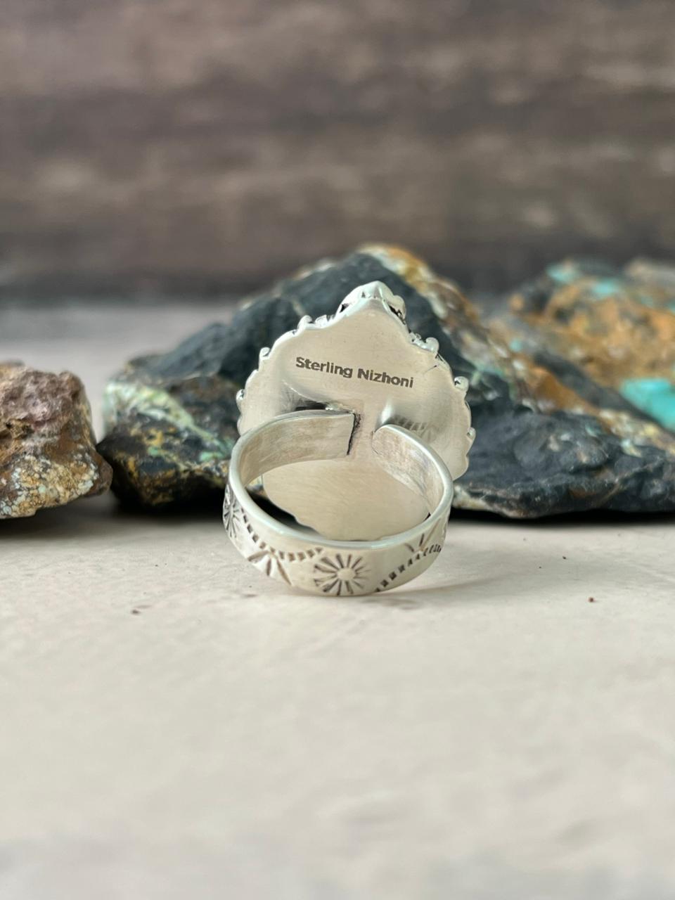 Handmade Sterling Silver Number 8 Turquoise Adjustable Ring "Signed Nizhoni"