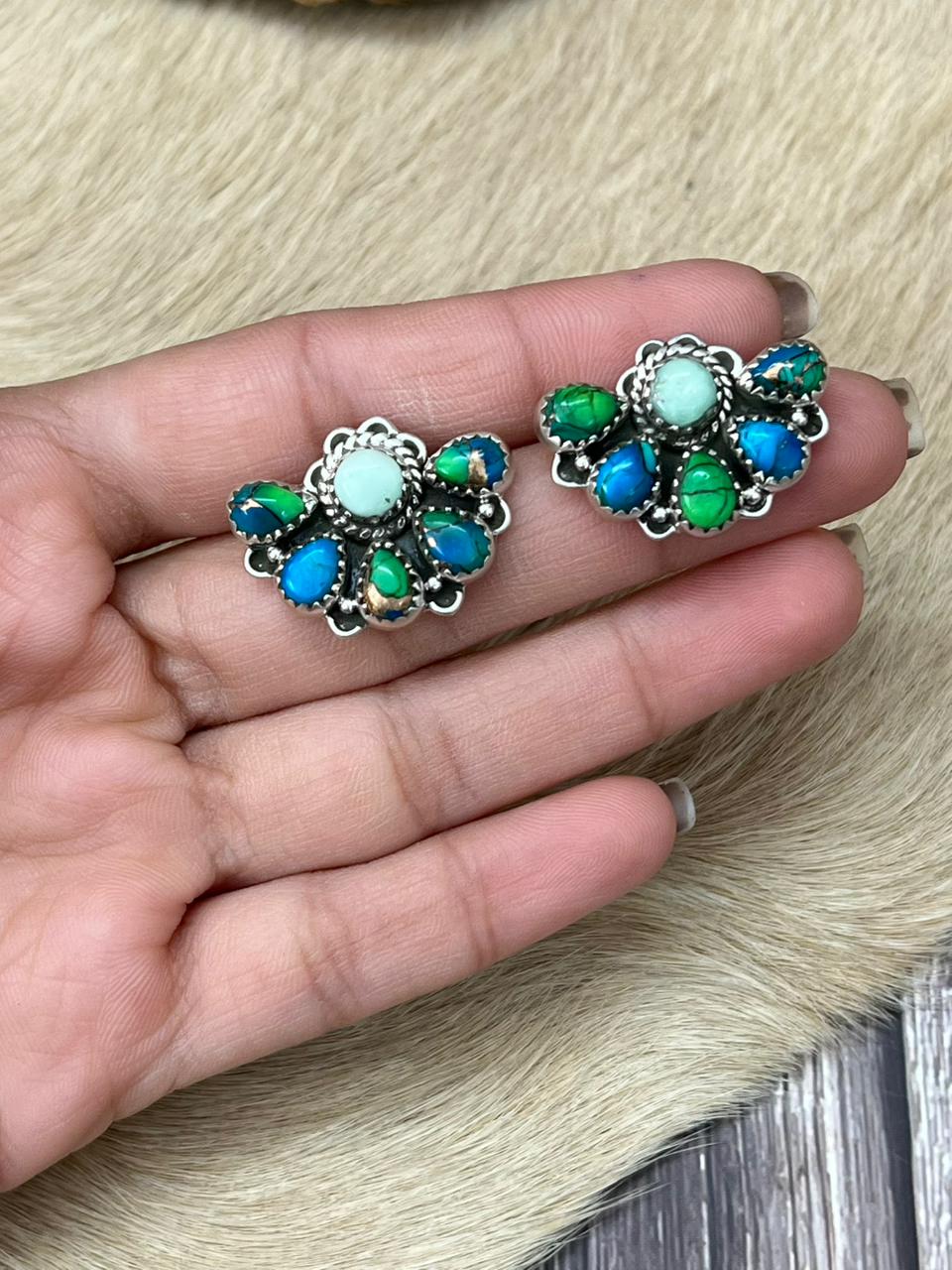 Handmade Sterling Silver Peacock Dahlia with Palomino Post Studs Earrings "Signed Nizhoni"