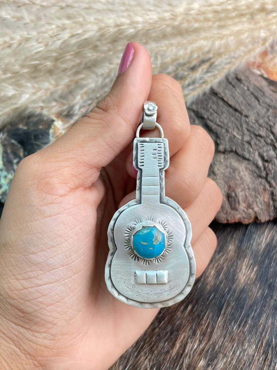 Handmade Sterling Silver Kingman Turquoise Guitar Pendant "Signed Nizhoni"
