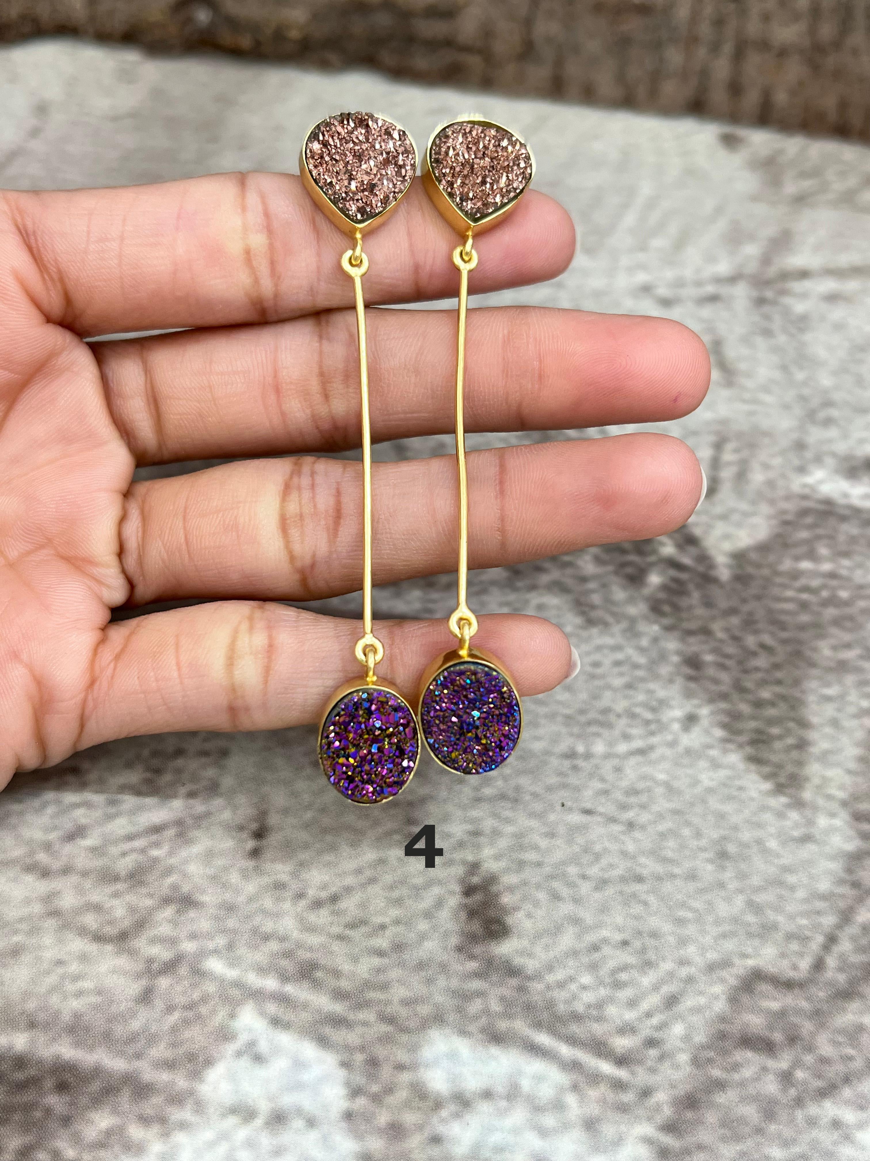 “The Boho Collection” Handmade Natural 2 Druzy Stone Post Dangle Earrings