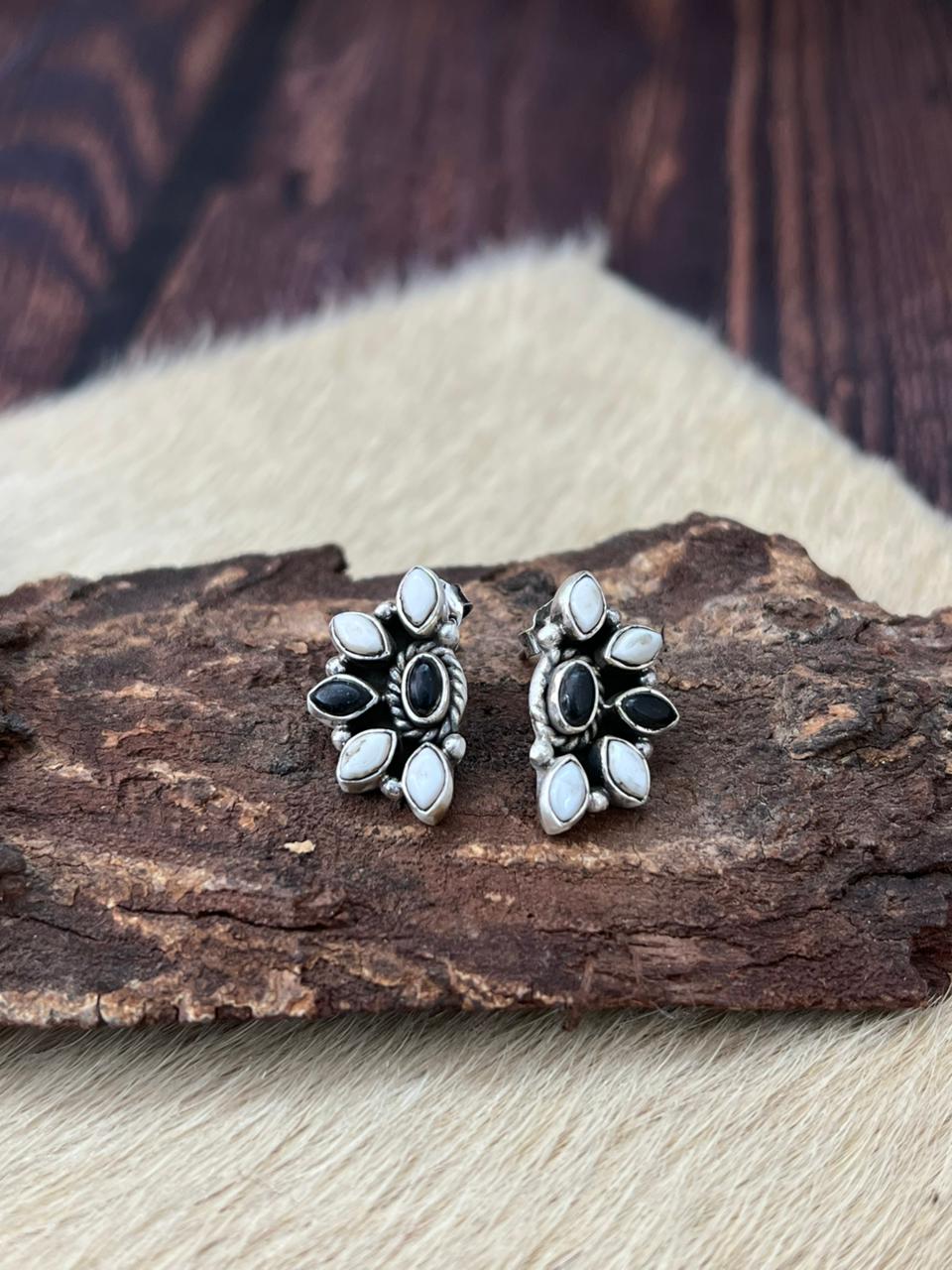 Handmade Sterling Silver White Buffalo Post Studs Earrings "Signed Nizhoni"